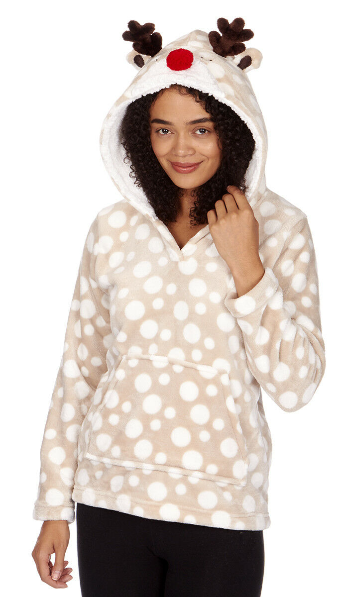 Ladies Womens Christmas Hoodie Nightwear Animal Novelty Snuggle Fleece  Polka Dot