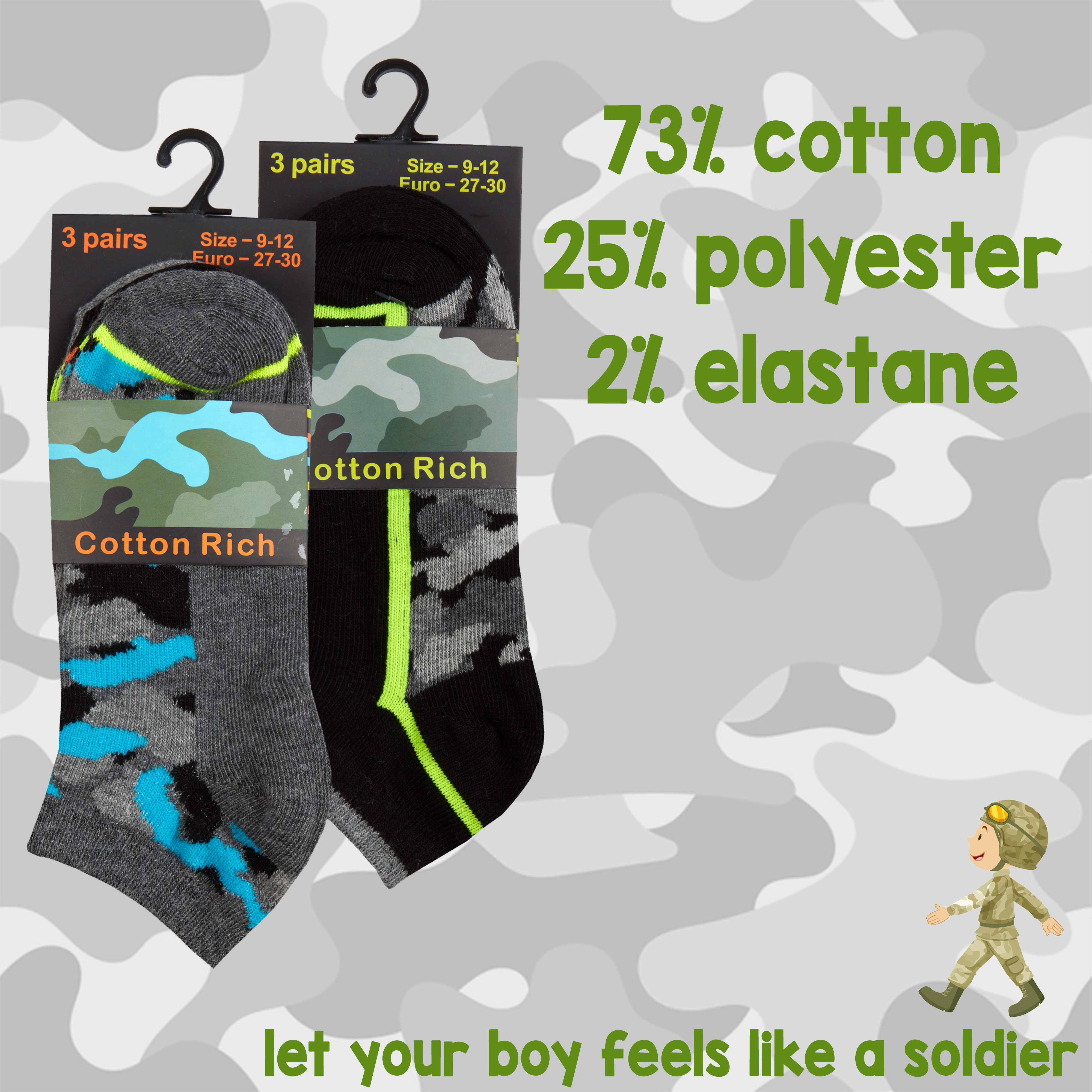 Kids Boys Ankle Liner Trainer Socks Camo Camouflage Print Soldier 6 Pairs Cotton - Picture 4 of 9