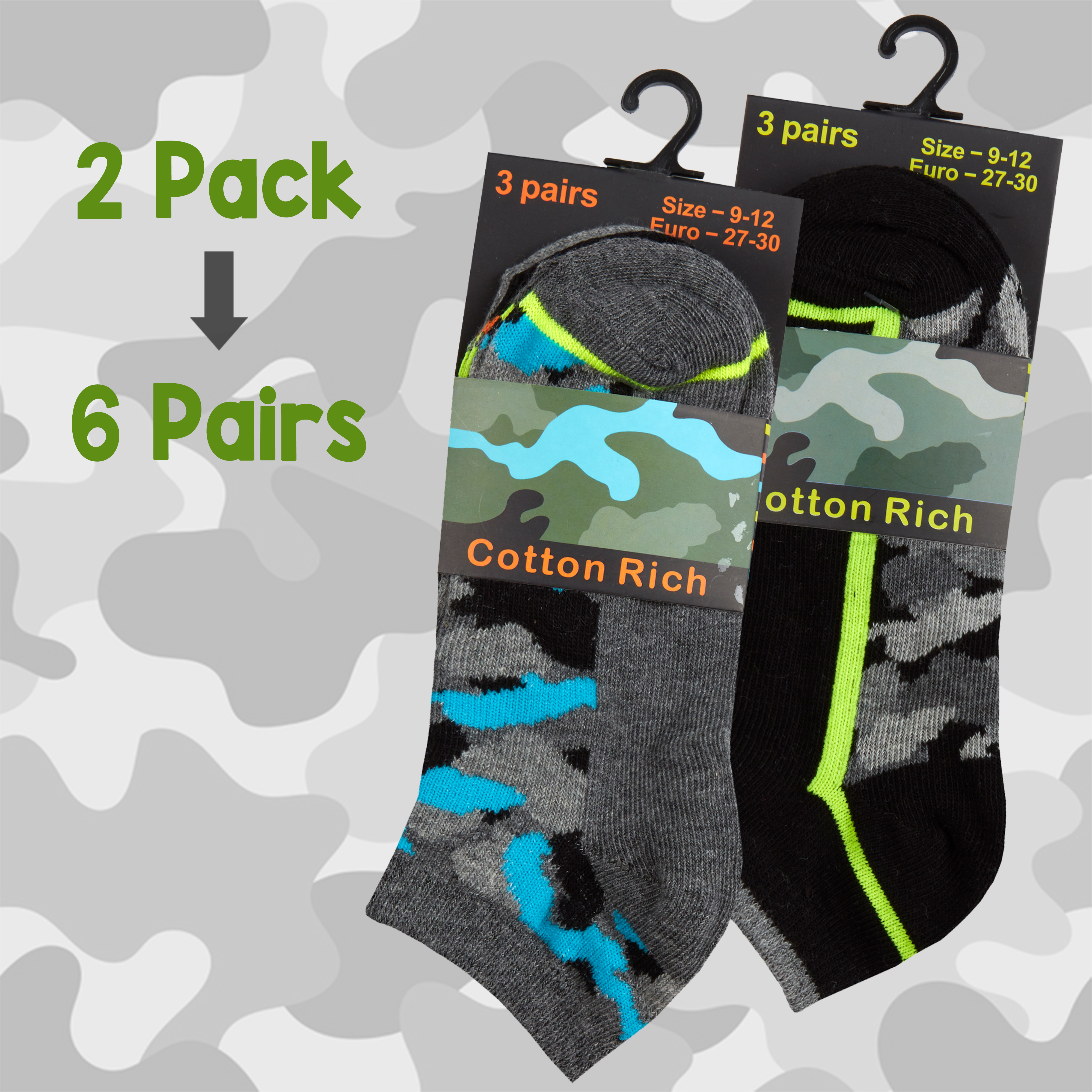 Kids Boys Ankle Liner Trainer Socks Camo Camouflage Print Soldier 6 Pairs Cotton - Picture 5 of 9
