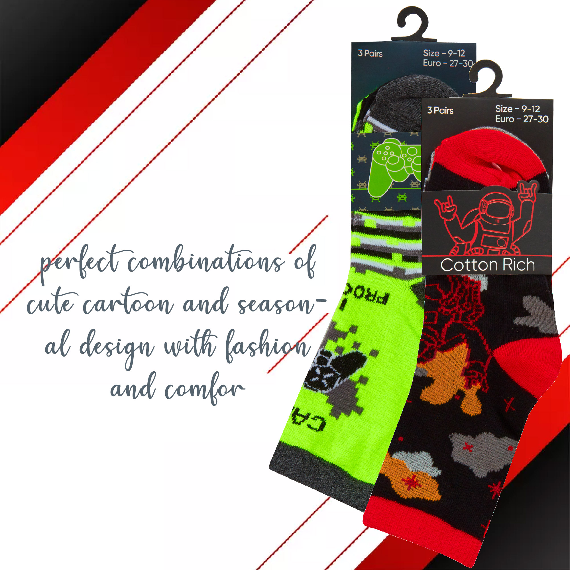 Kids Boys Cotton Rich Crew Red Neon Green Novelty Socks Size UK 6-8.5 - 12.5-3.5 - Picture 5 of 14
