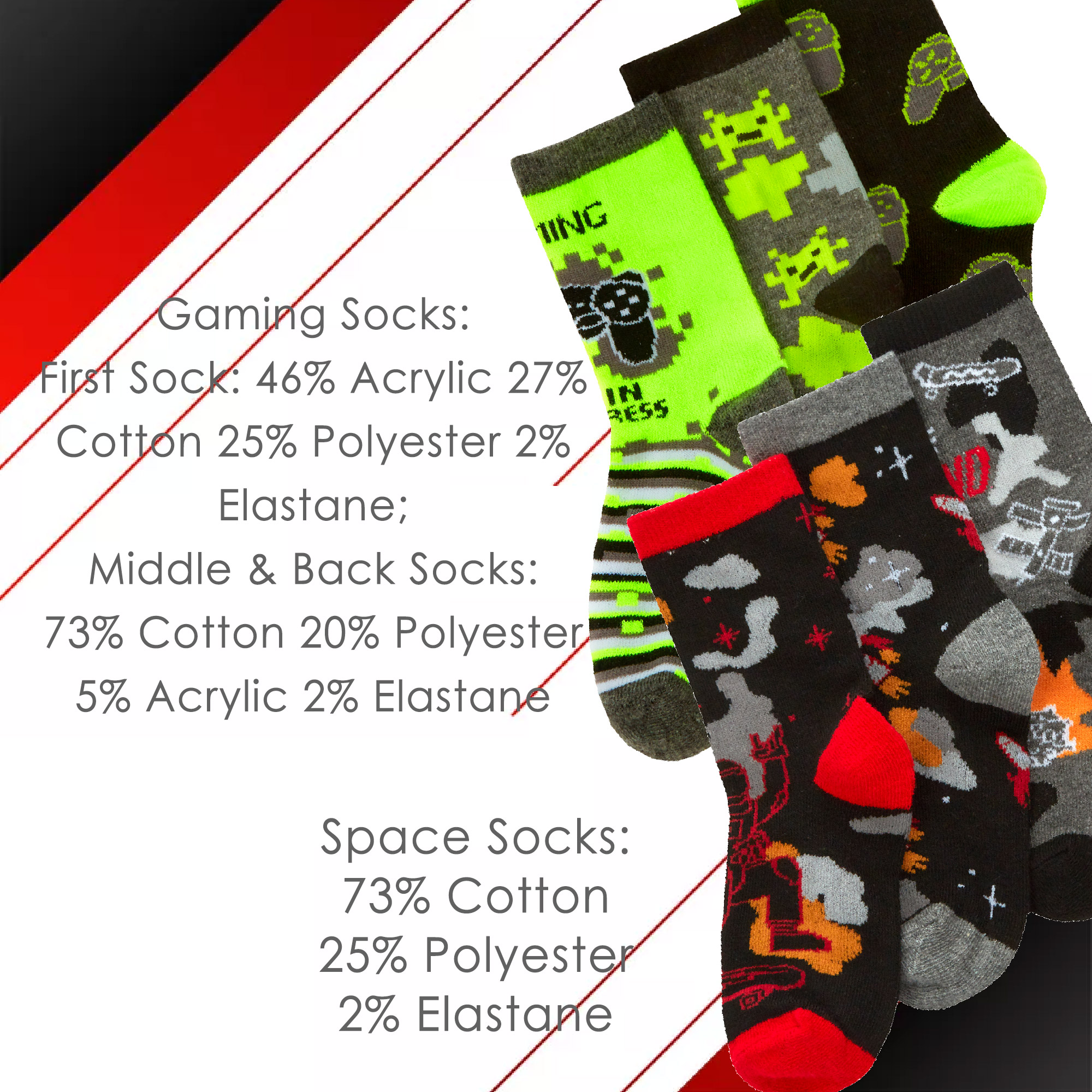 Kids Boys Cotton Rich Crew Red Neon Green Novelty Socks Size UK 6-8.5 - 12.5-3.5 - Picture 6 of 14