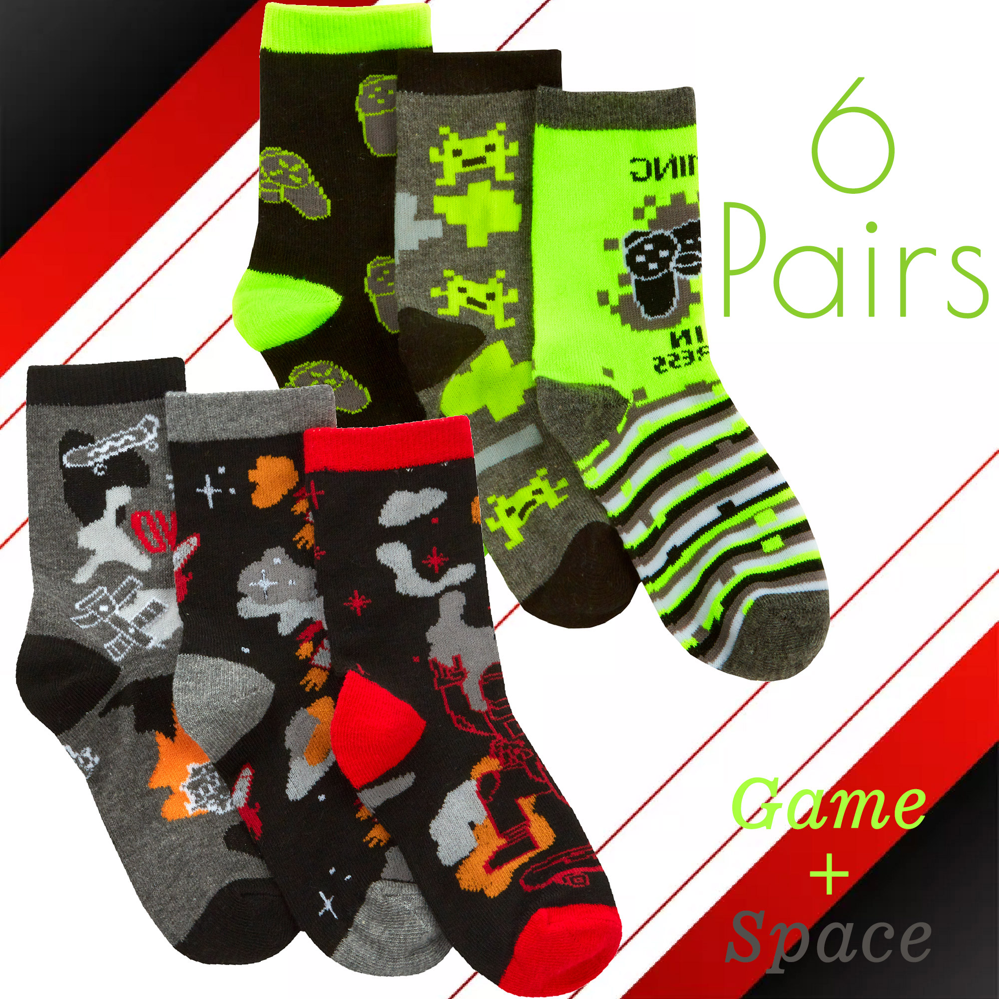 Kids Boys Cotton Rich Crew Red Neon Green Novelty Socks Size UK 6-8.5 - 12.5-3.5 - Picture 3 of 14