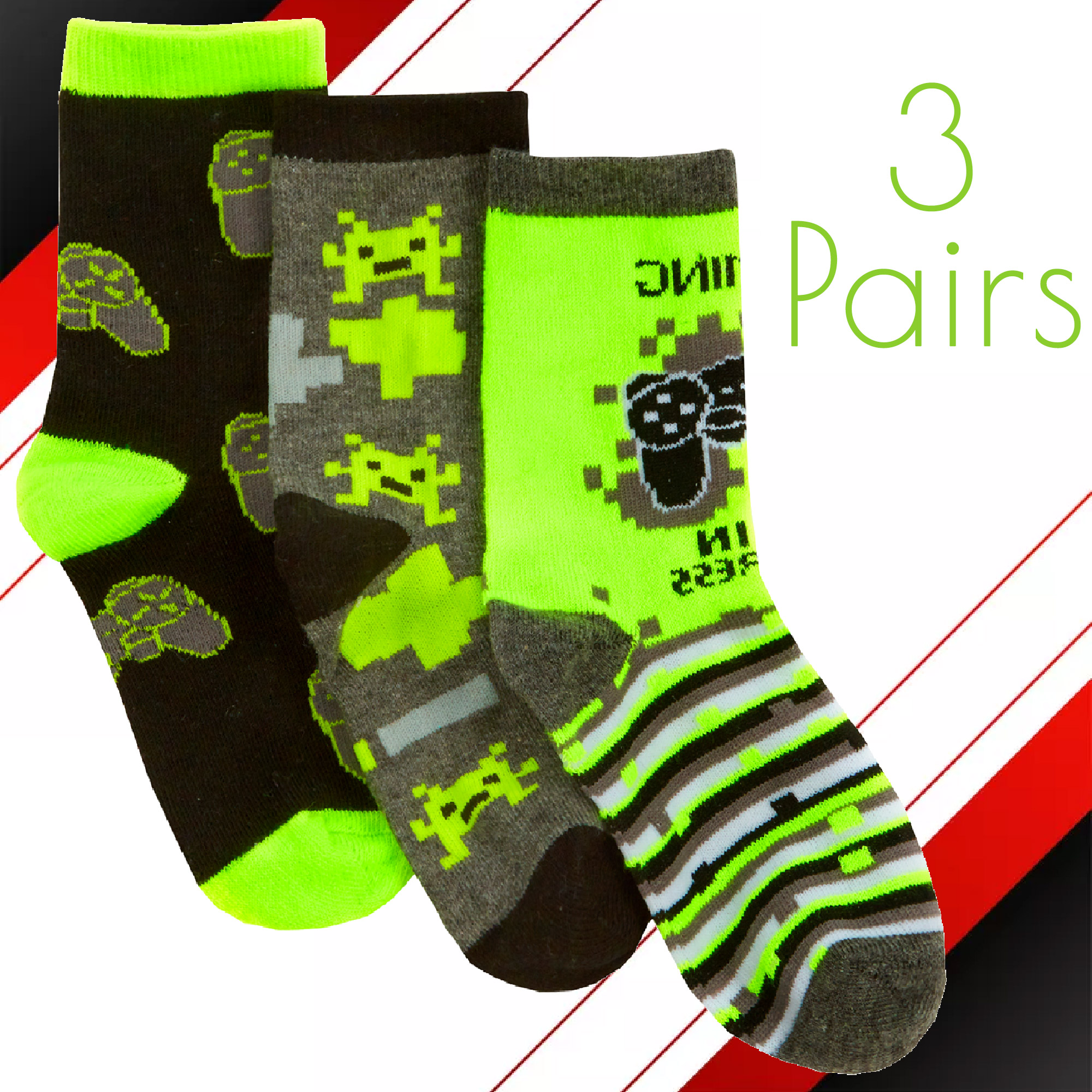 Kids Boys Cotton Rich Crew Red Neon Green Novelty Socks Size UK 6-8.5 - 12.5-3.5 - Picture 7 of 14