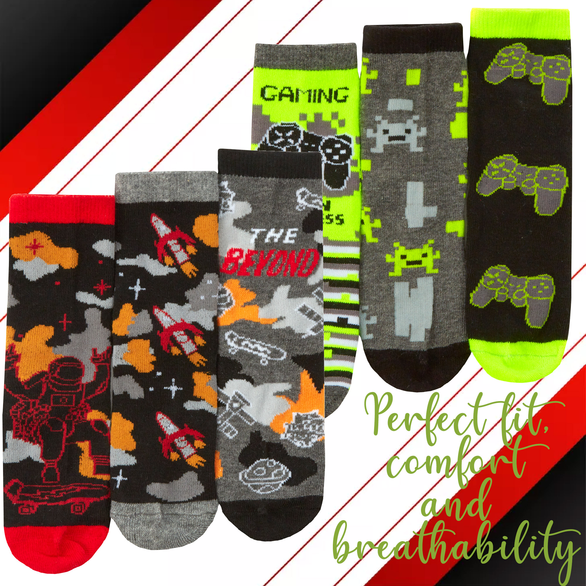 Kids Boys Cotton Rich Crew Red Neon Green Novelty Socks Size UK 6-8.5 - 12.5-3.5 - Picture 4 of 14