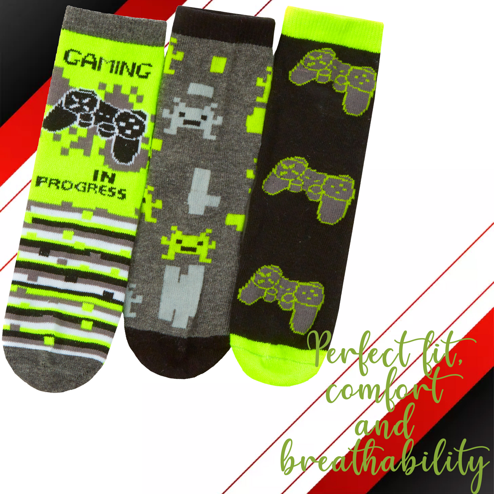 Kids Boys Cotton Rich Crew Red Neon Green Novelty Socks Size UK 6-8.5 - 12.5-3.5 - Picture 8 of 14