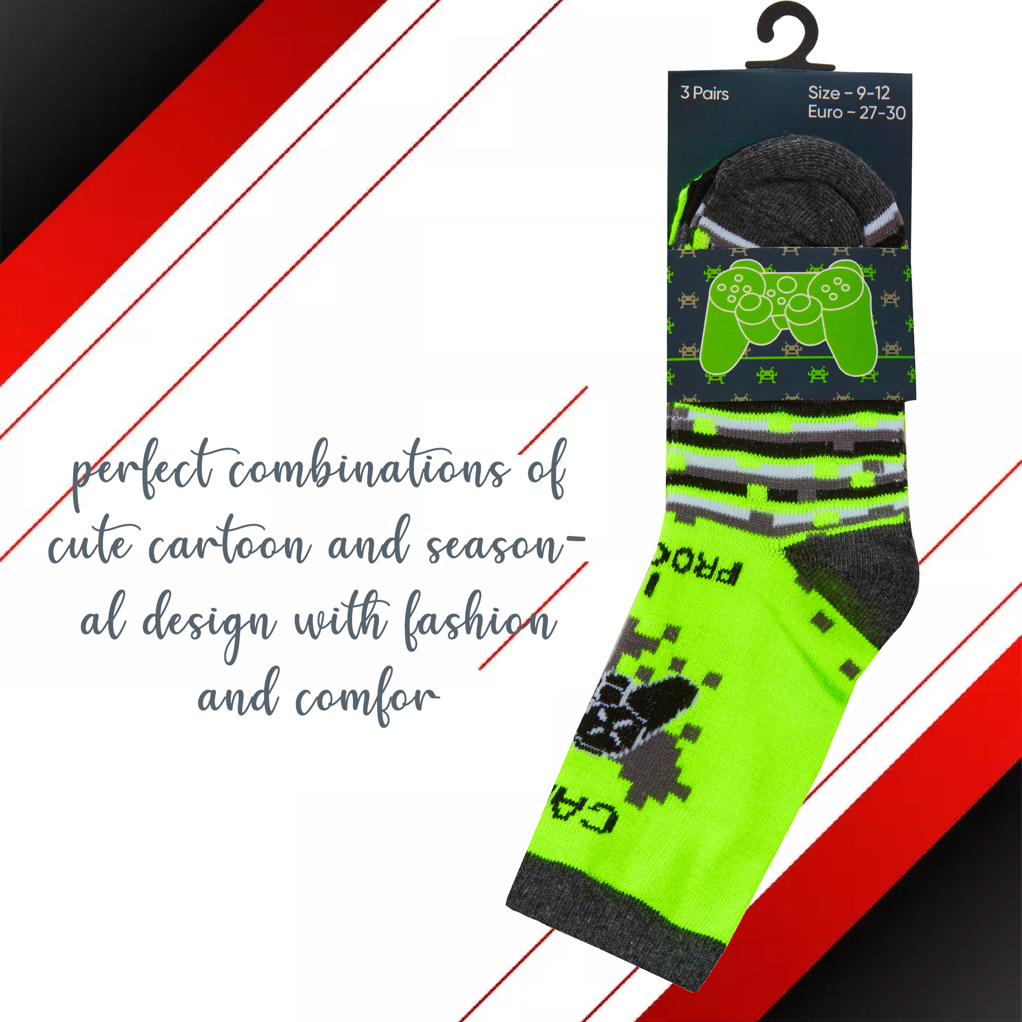 Kids Boys Cotton Rich Crew Red Neon Green Novelty Socks Size UK 6-8.5 - 12.5-3.5 - Picture 9 of 14