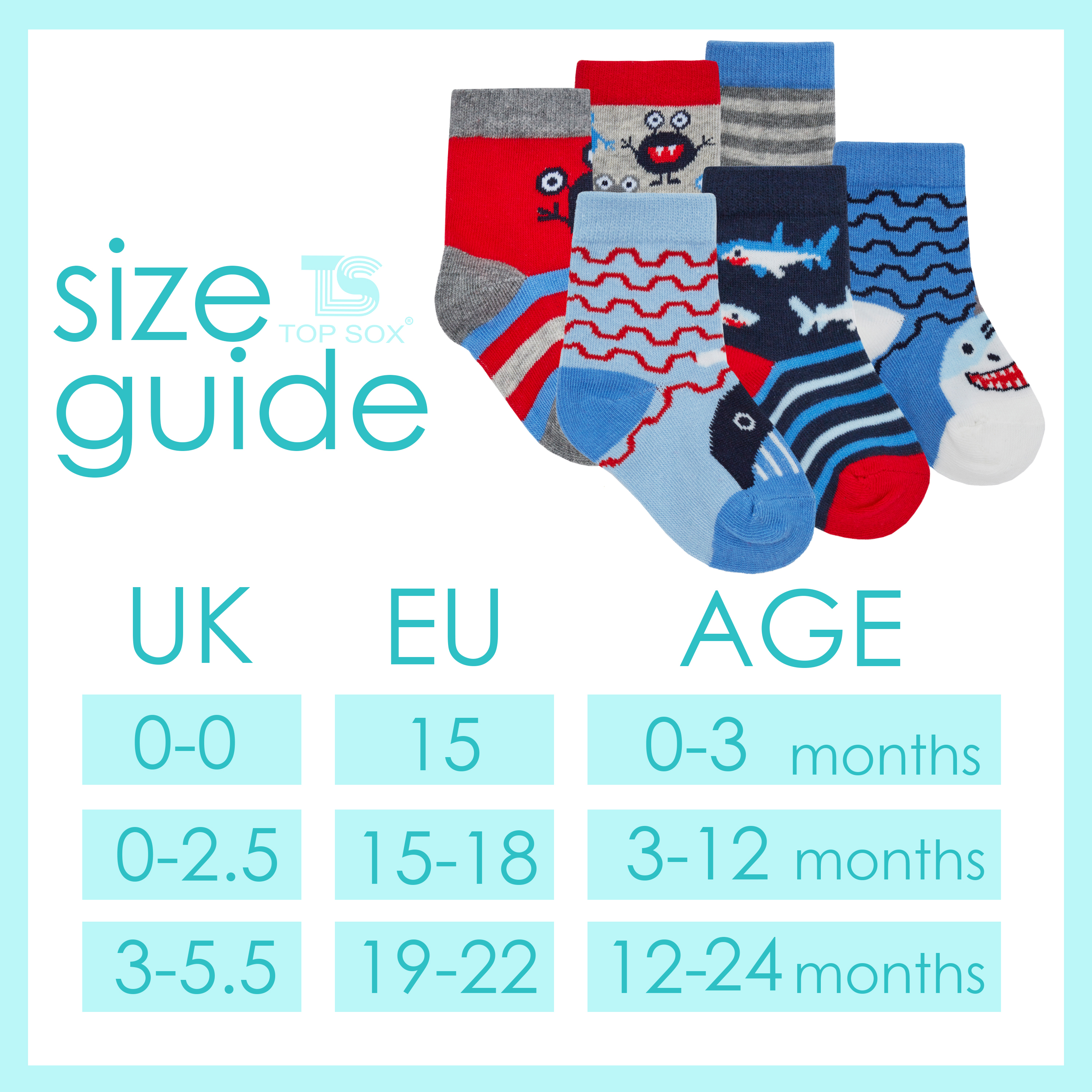 TOPSOX Pairs Baby Boys Cotton Rich Socks Monster Shark Sizes 0-0