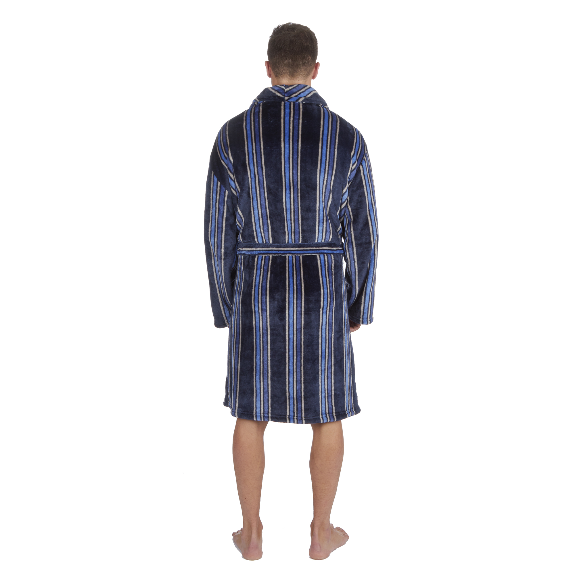 Mens Luxury Bathrobes Gents Dressing Gown Striped Stripe Navy Grey