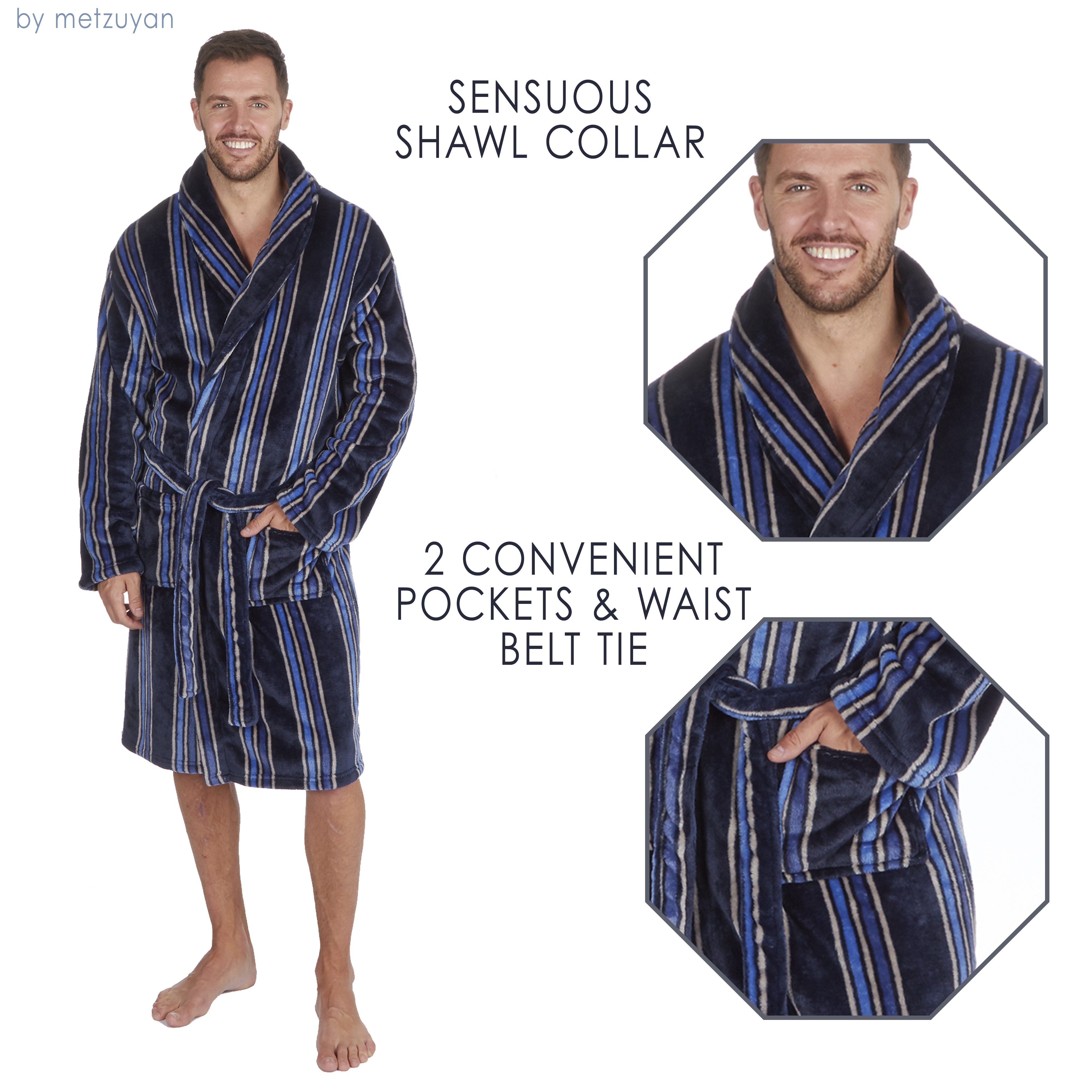Mens Luxury Bathrobes Gents Dressing Gown Striped Stripe Navy Grey