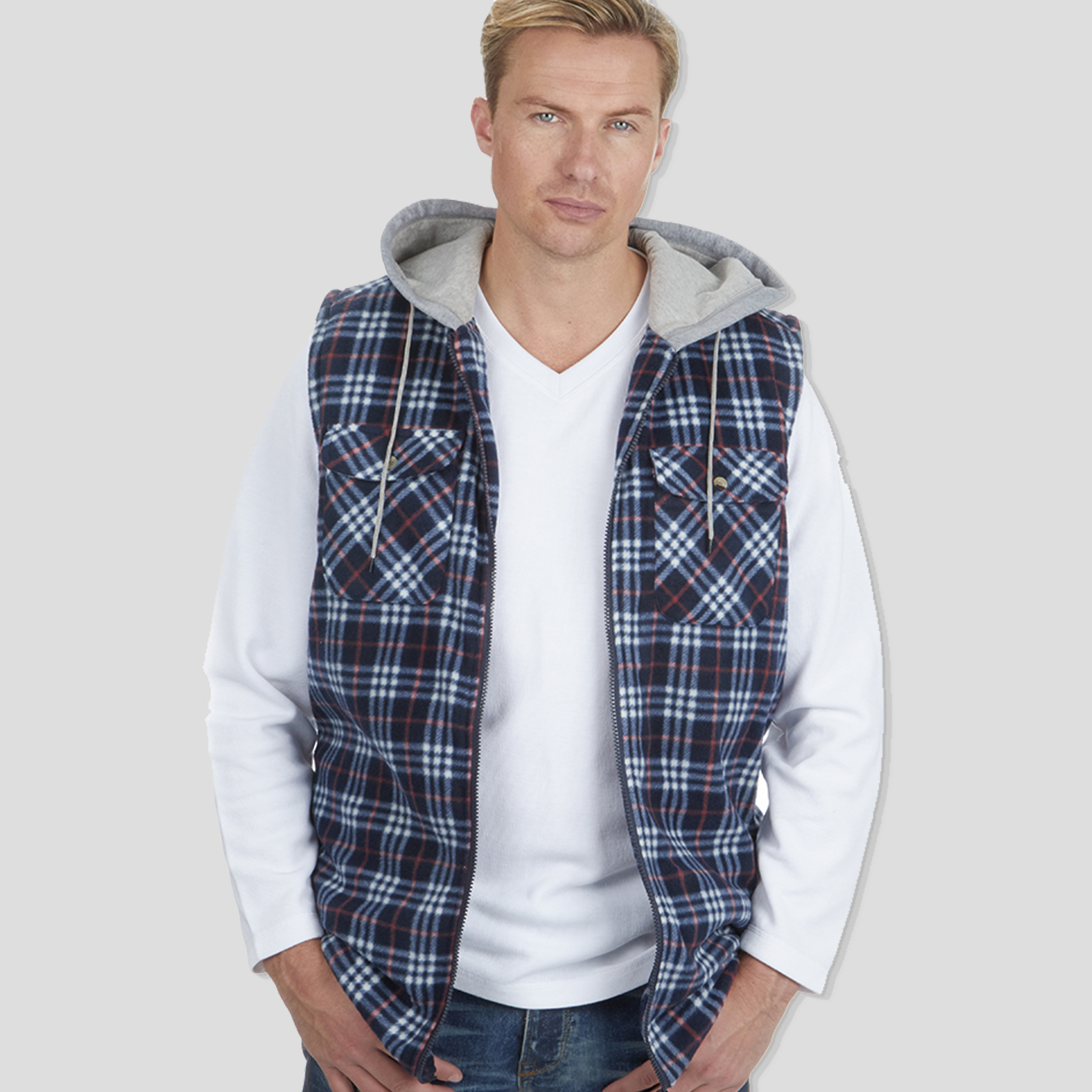 Mens Hooded Flannel Check Shirt Gilet Sleeveless Bodywarmers Quilted Padded Work 
