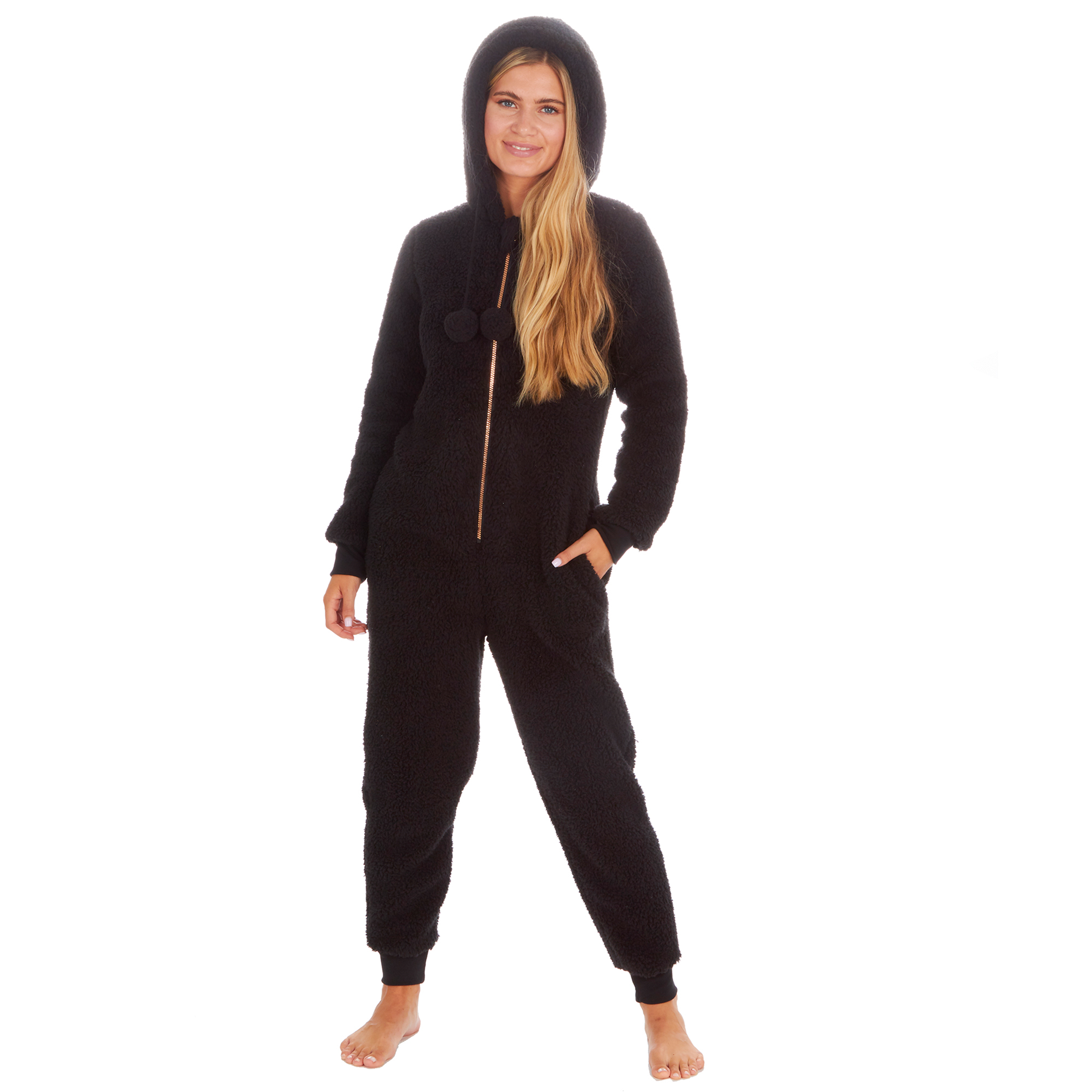 Womens Ladies 2Onesie Borg Chunky Jumpsuit Playsuit Pjs with Hood Full ...