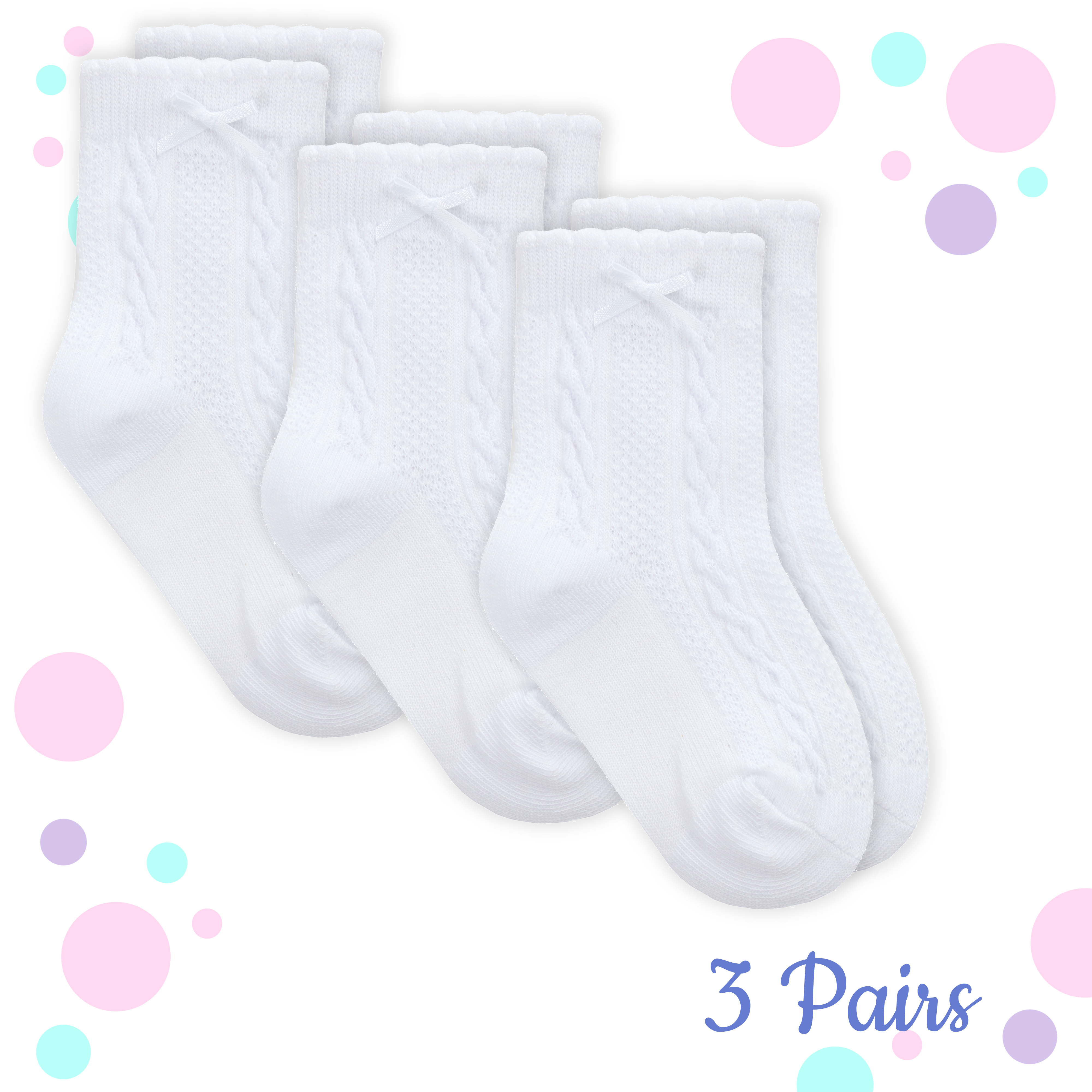 3 Pairs Baby Girls Cable Knitted Cotton Rich Socks Plain Baptism 0-0 0-2.5 3-5.5