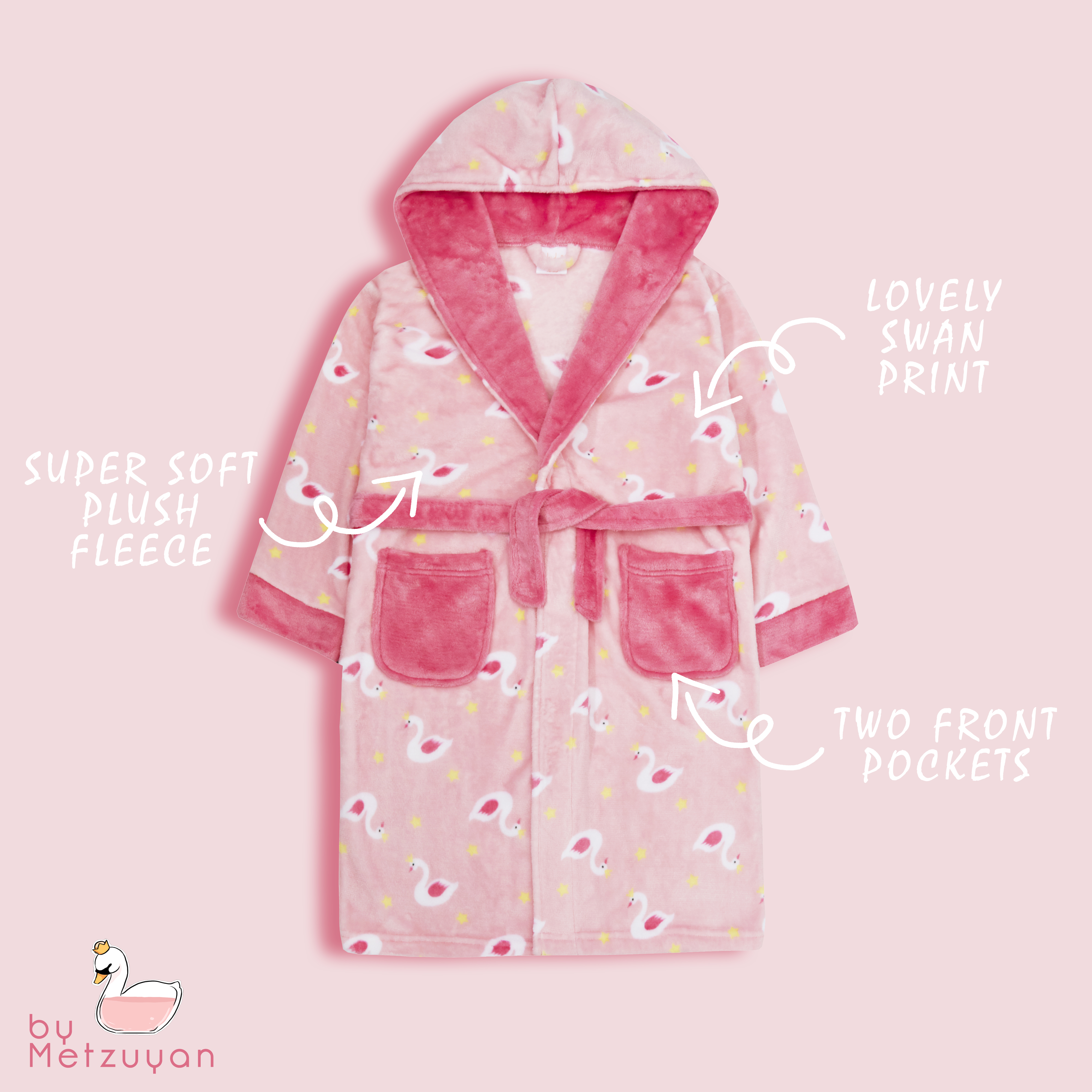 Childrens Girls Dressing Robe Gown Pyjama Set Pink Swan Cotton 2-13 Years Soft