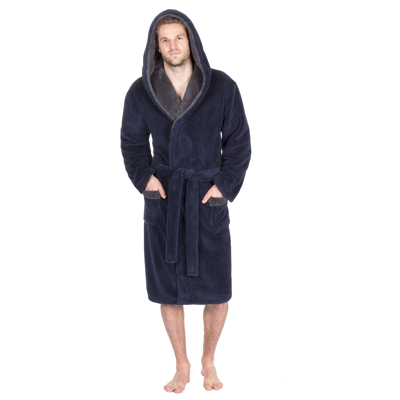 Mens Snuggle Fleece Dressing Robe Hooded Gown Nightwear Pockets Lounge Kimono