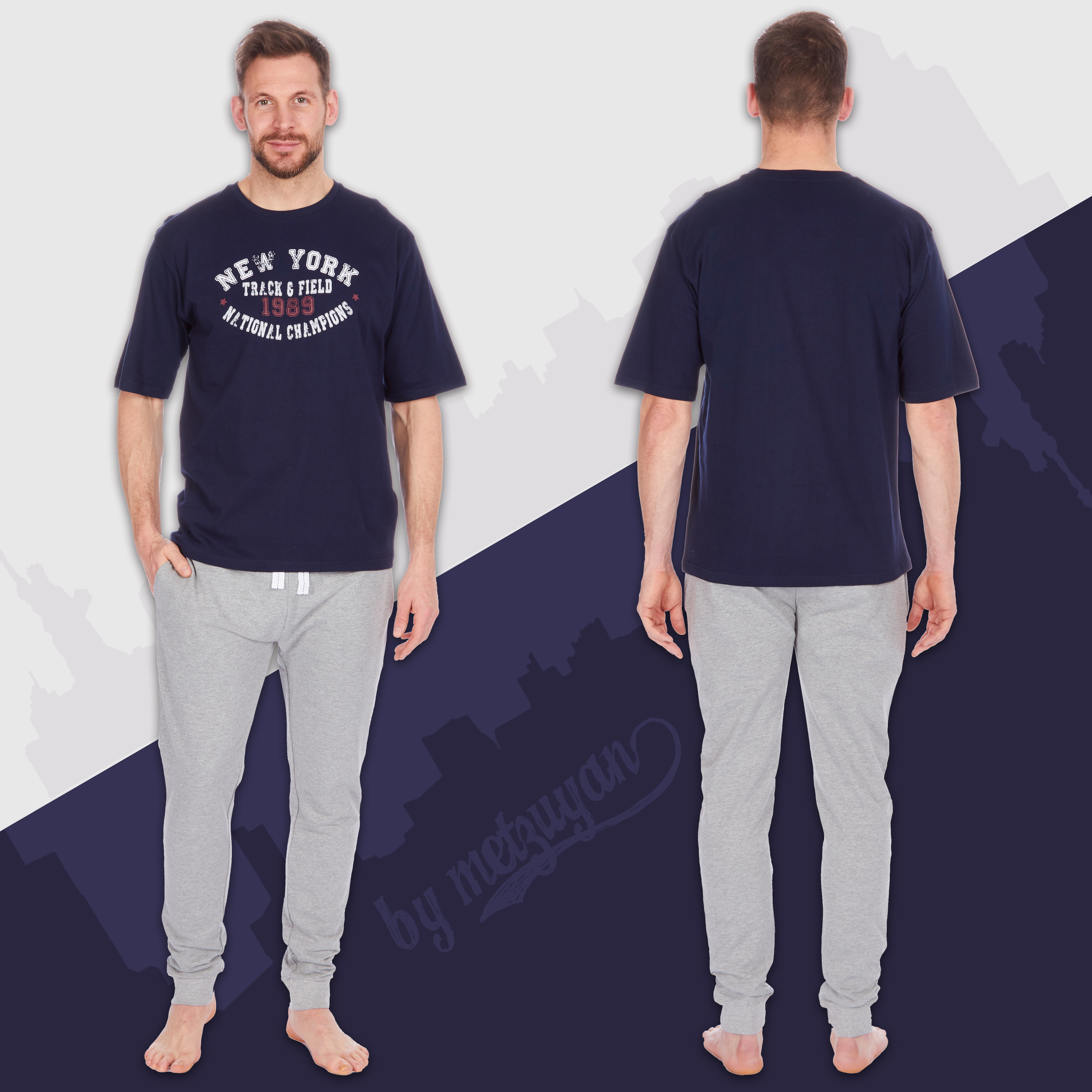 Mens Pyjama Set Pajama PJs Tshirt Pants Loungewear Cotton American