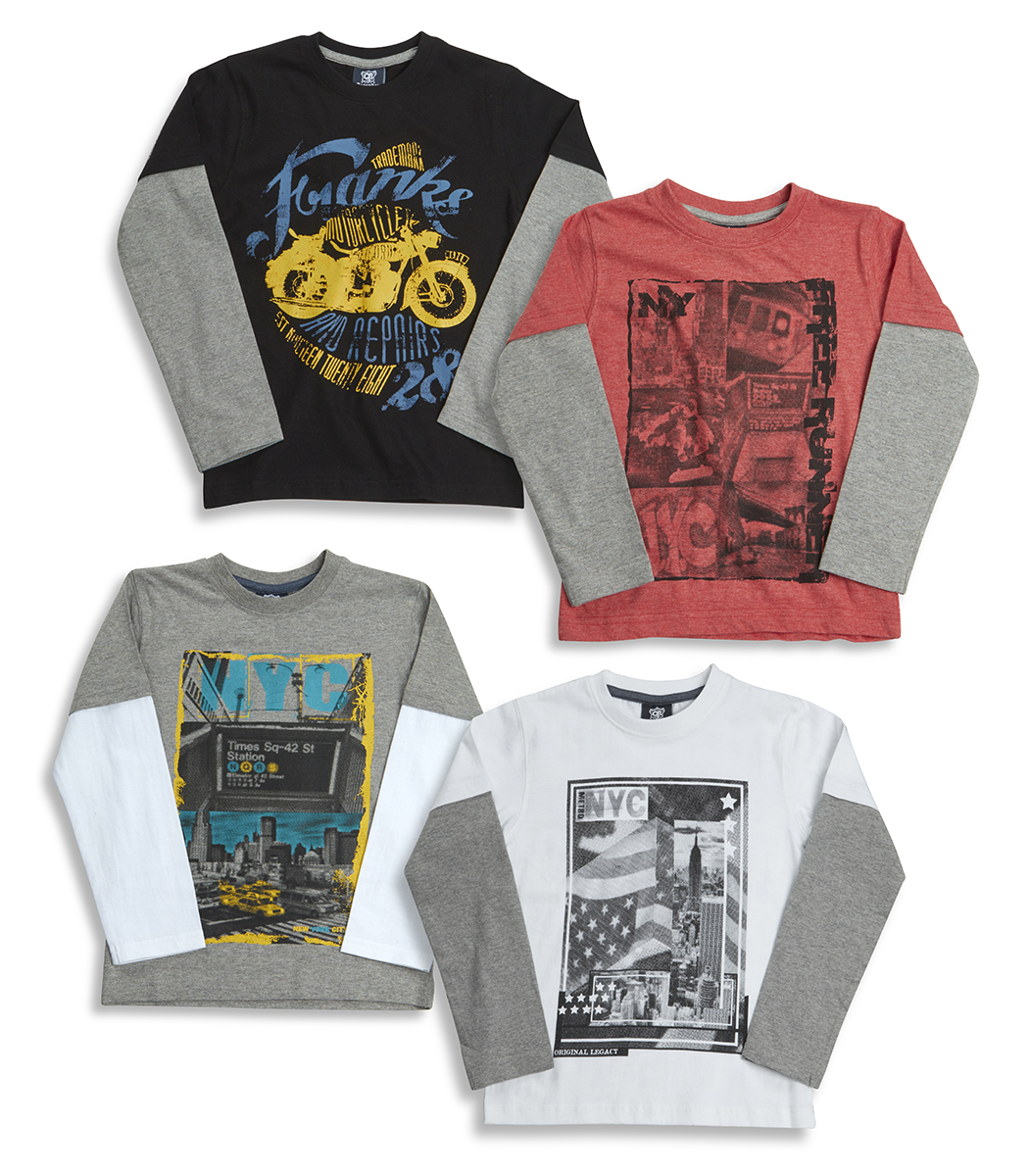 CARGO BAY Kids Boys Long Mock Layered Sleeve Top T-Shirt Printed Designs Cotton