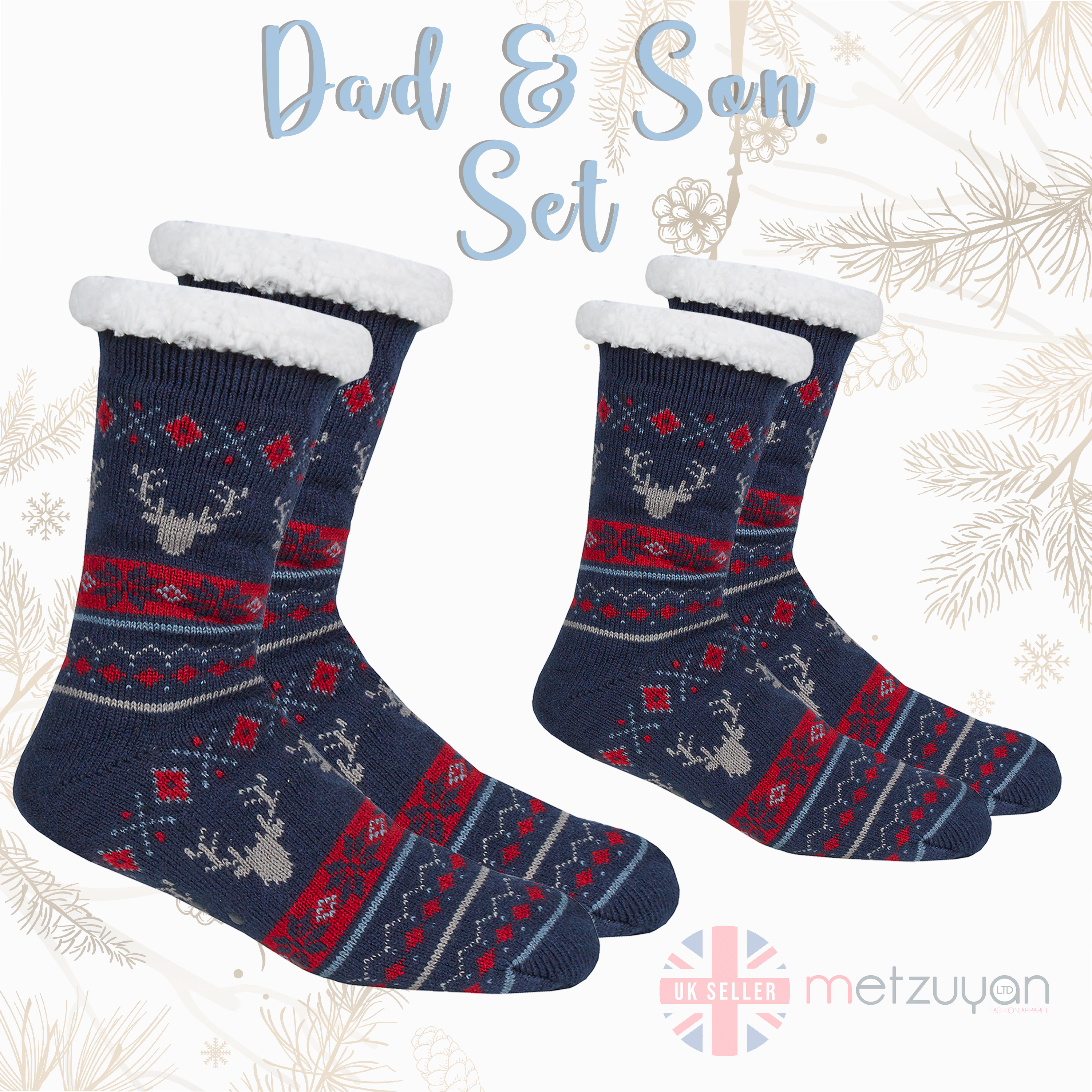 2 Pairs Dad and Son Set Lounge Chunky Slippers Socks Gift Christmas Knit UK