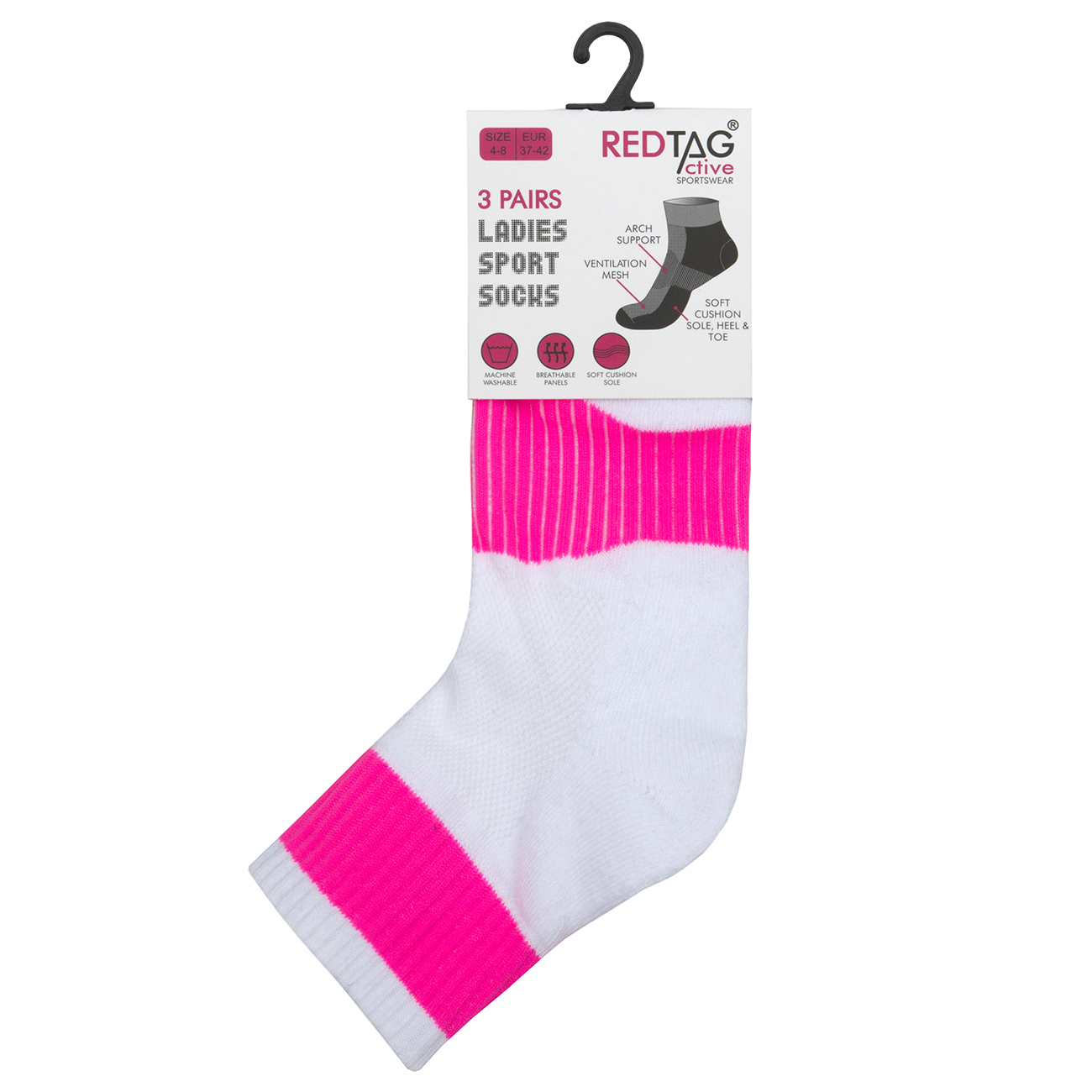 REDTAG Ladies 3 Pack Cushioned Sport Ankle Socks 4-8