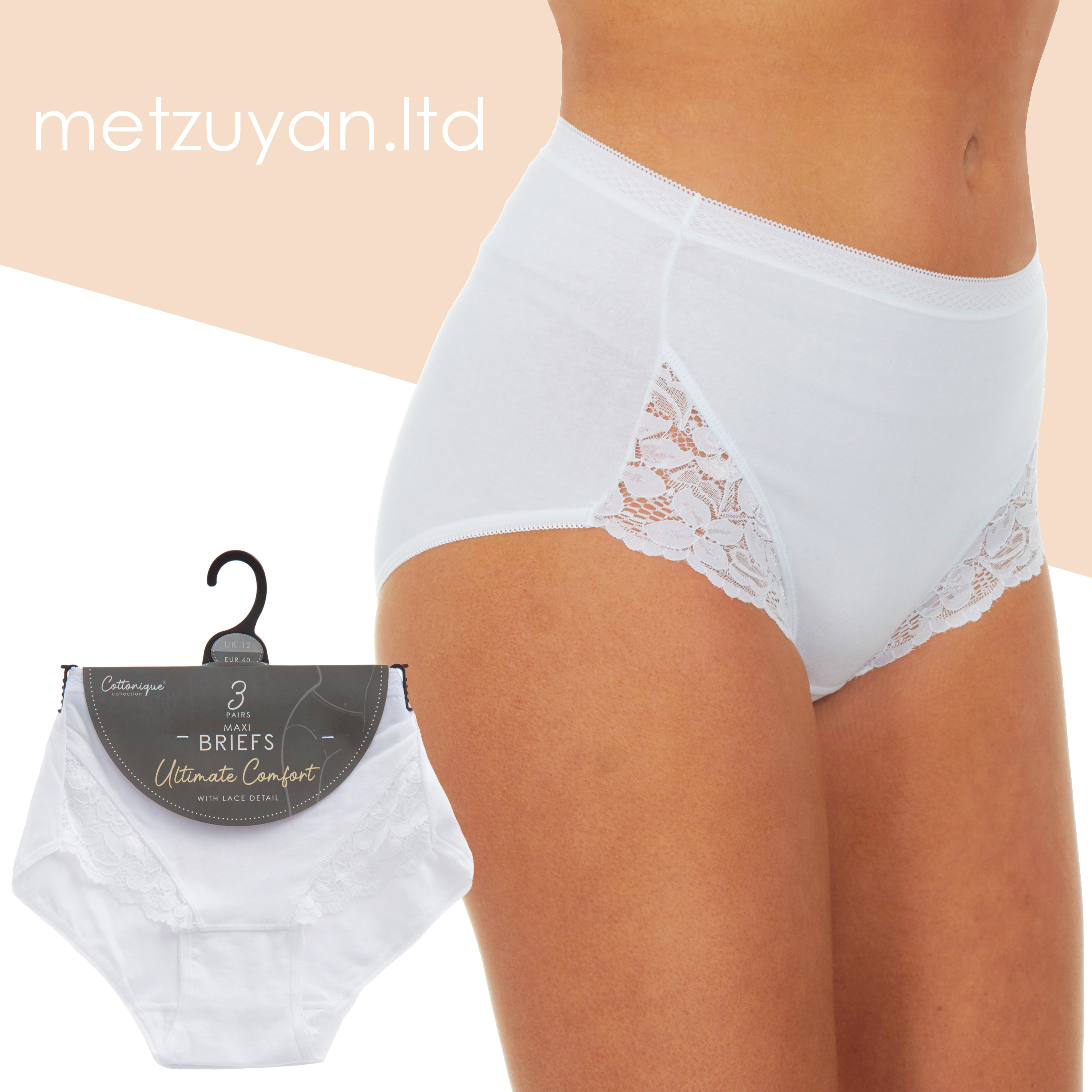 Ladies 3 PAIRS Premium Maxi Cotton Briefs Lace Stretchy Comfortable knickers  (16, white) : : Fashion