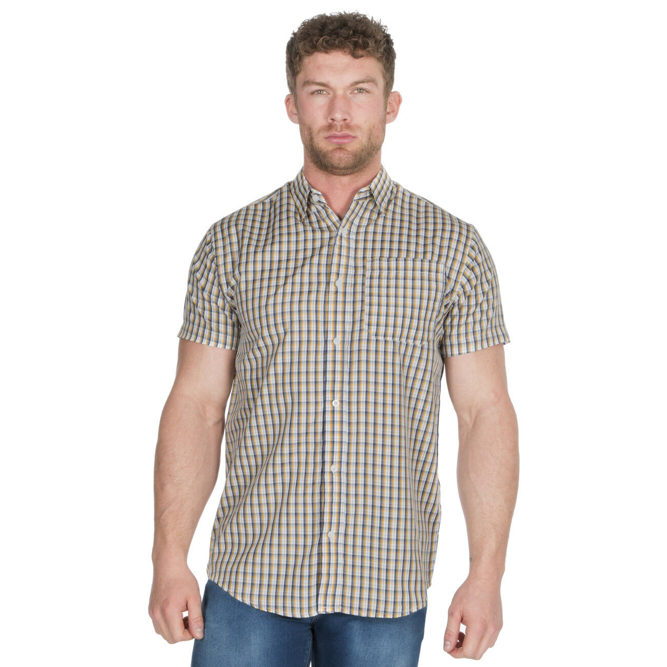 Mens Yarn Dyed Checked Shirt Casual Short Sleeve Regular Everyday Work ...