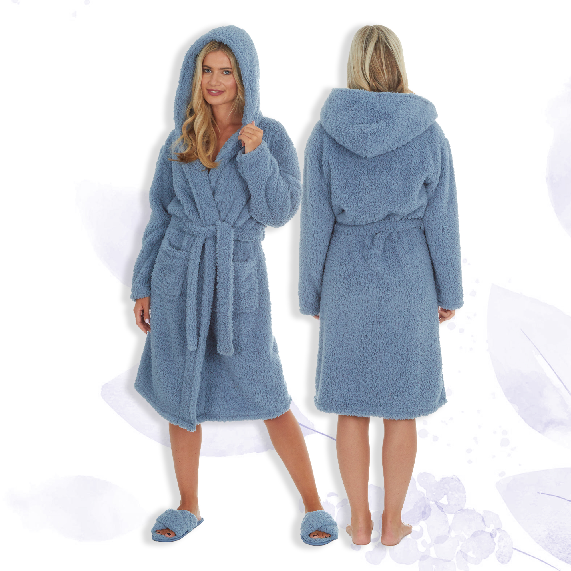 Womens Hooded Dressing Gown Blue Sherpa Fleece Chunky Robe Thermal