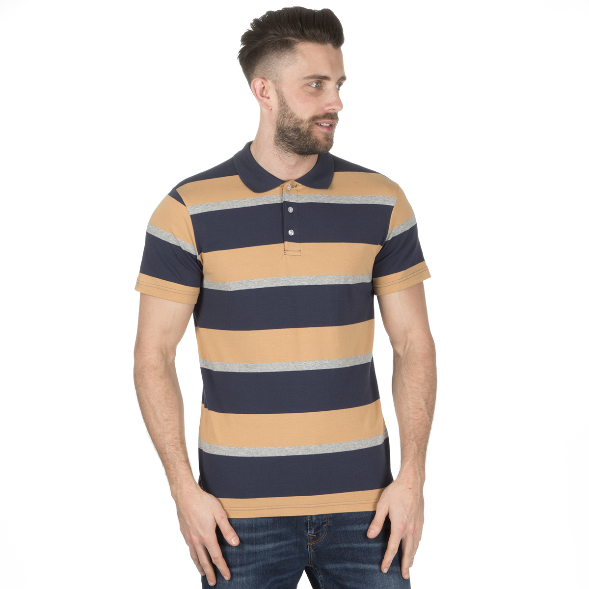 Mens Striped T-shirt Tee Shirts Short Sleeve Polo Cotton Rich Buttons ...