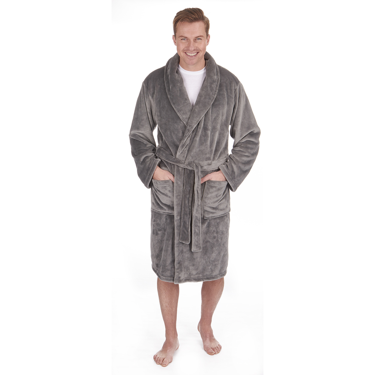 PIERRE ROCHE Mens Hooded Striped Flannel Fleece Plush Robe 