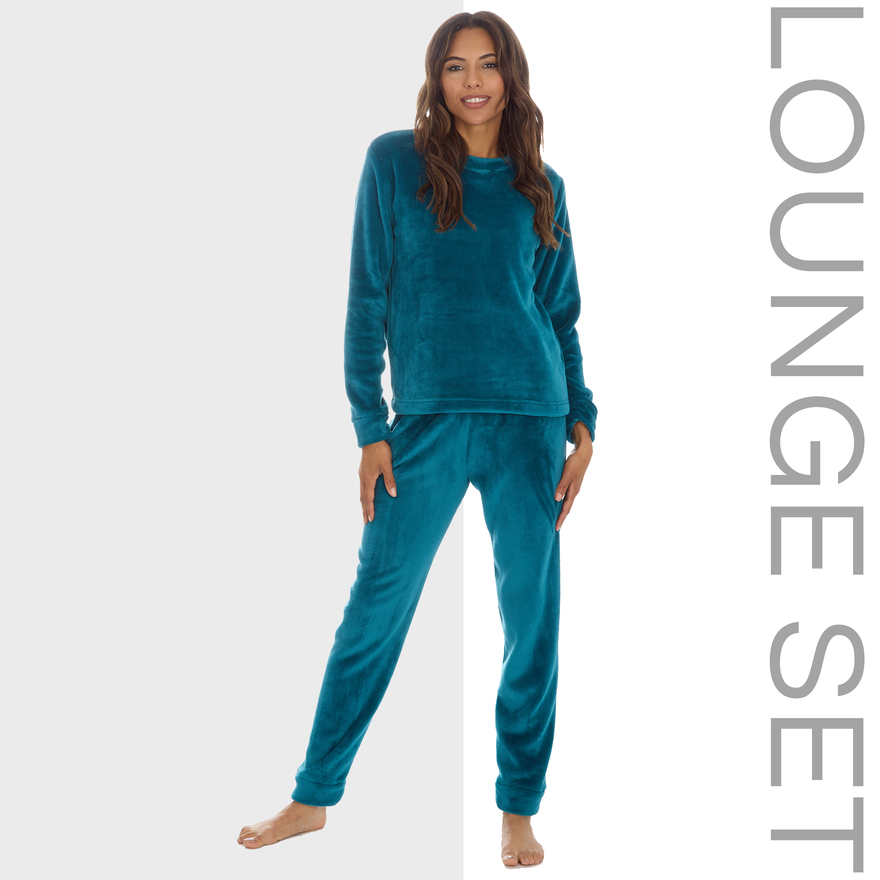 Womens Long Sleeved Pyjama Set Velour Plush Fleece Ladies PJs