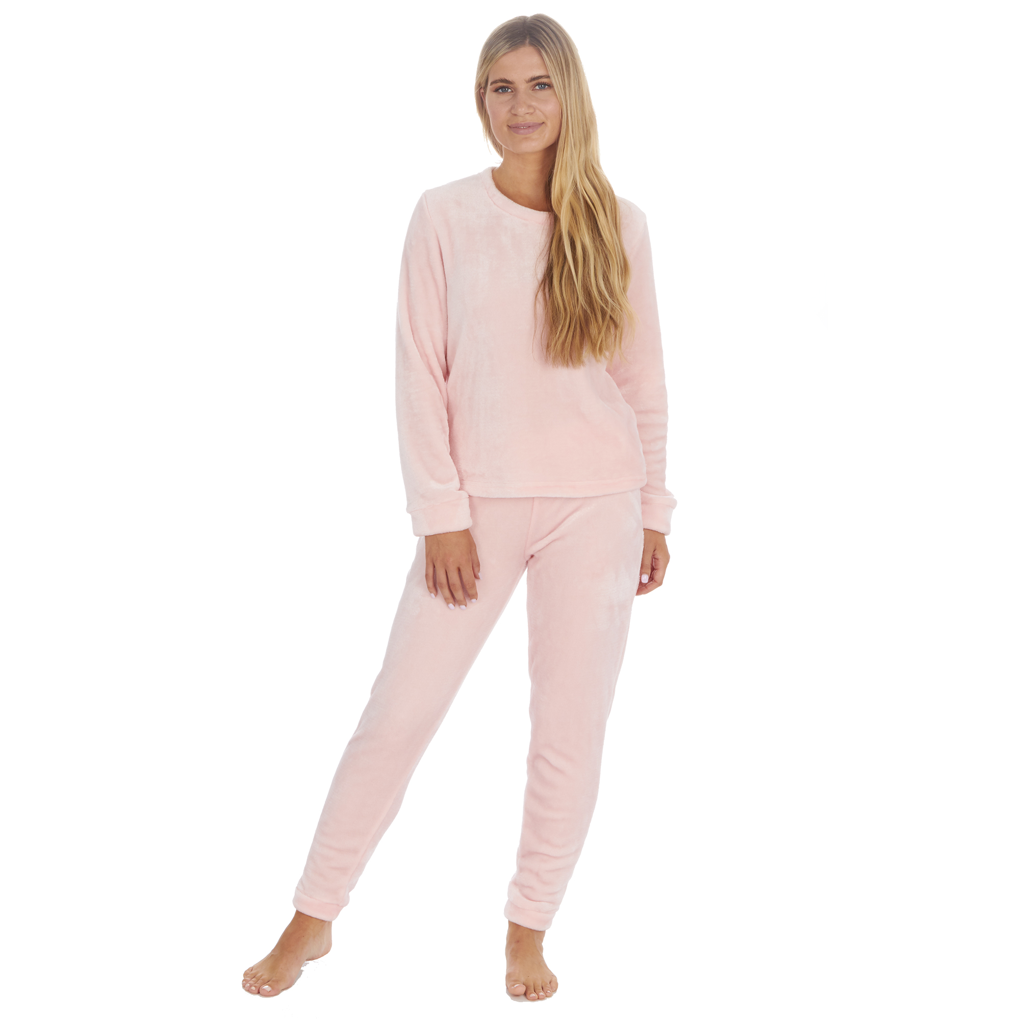 Womens Long Sleeved Pyjama Set Pink Warm Cosy Velour Fleece Ladies PJs ...