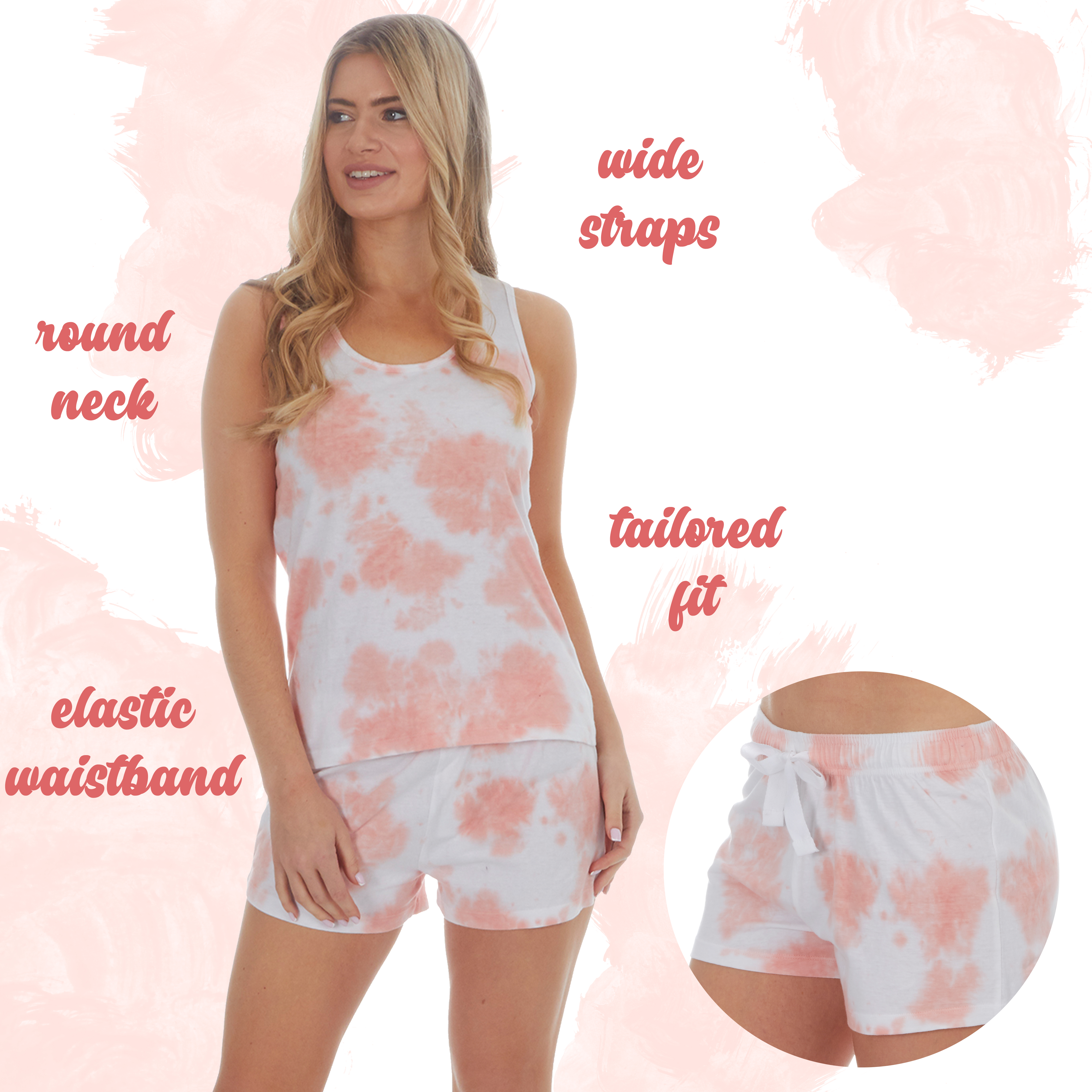 Ladies Tie Dye Pyjama Set Sleeveless Top Vest Shorts Pants 100% Cotton PJs Sets - Picture 9 of 11