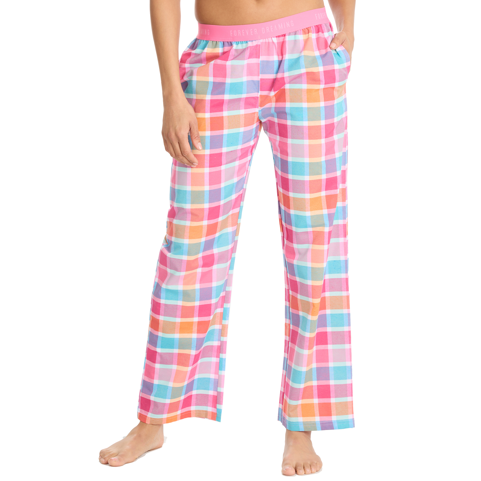 Ladies Check Pyjama Bottoms Woven Long Pants Wide Leg Elastic Waist PJ's S-XL