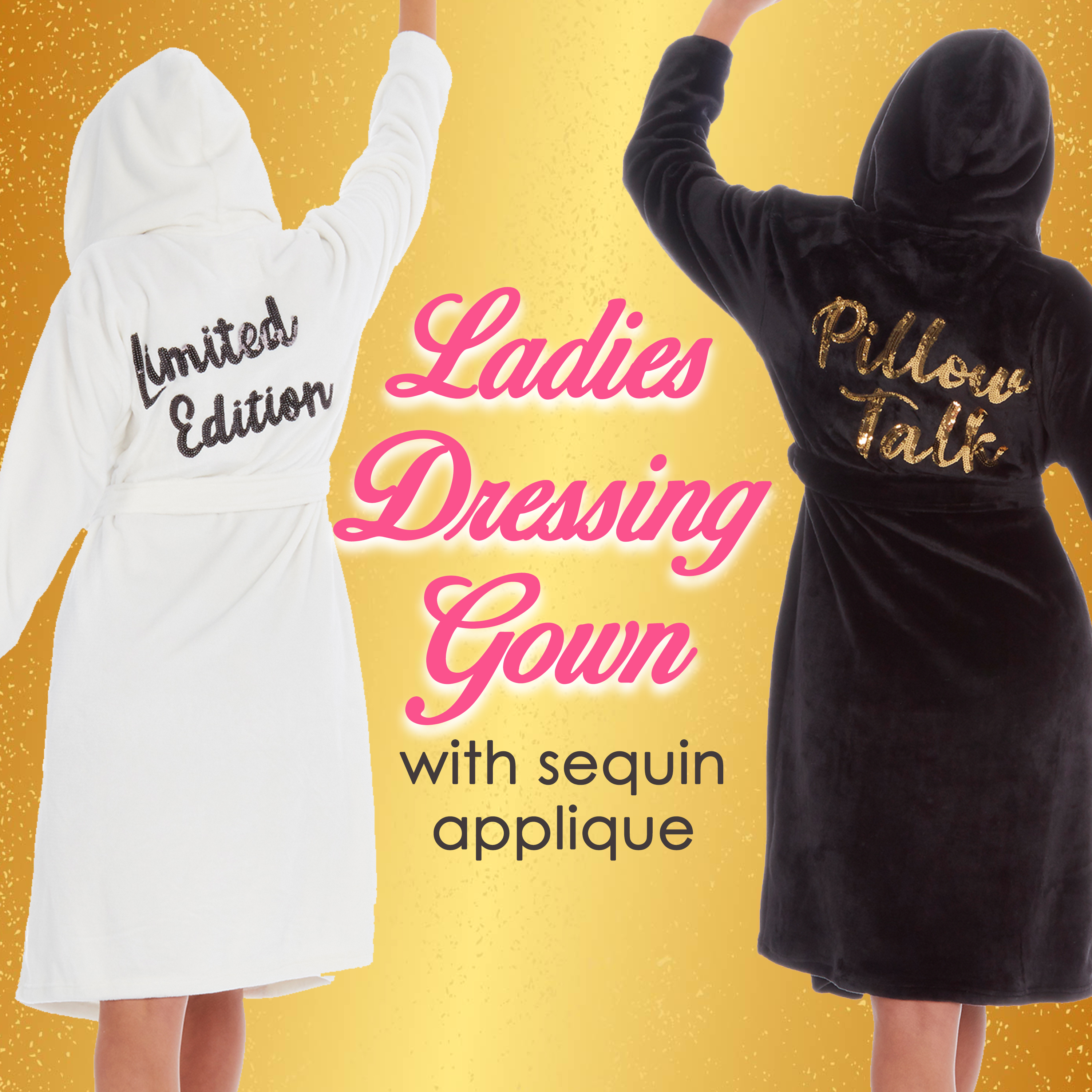 Ladies Womens Luxury Hooded Dressing Gown Robe Funny Sequin Slogan