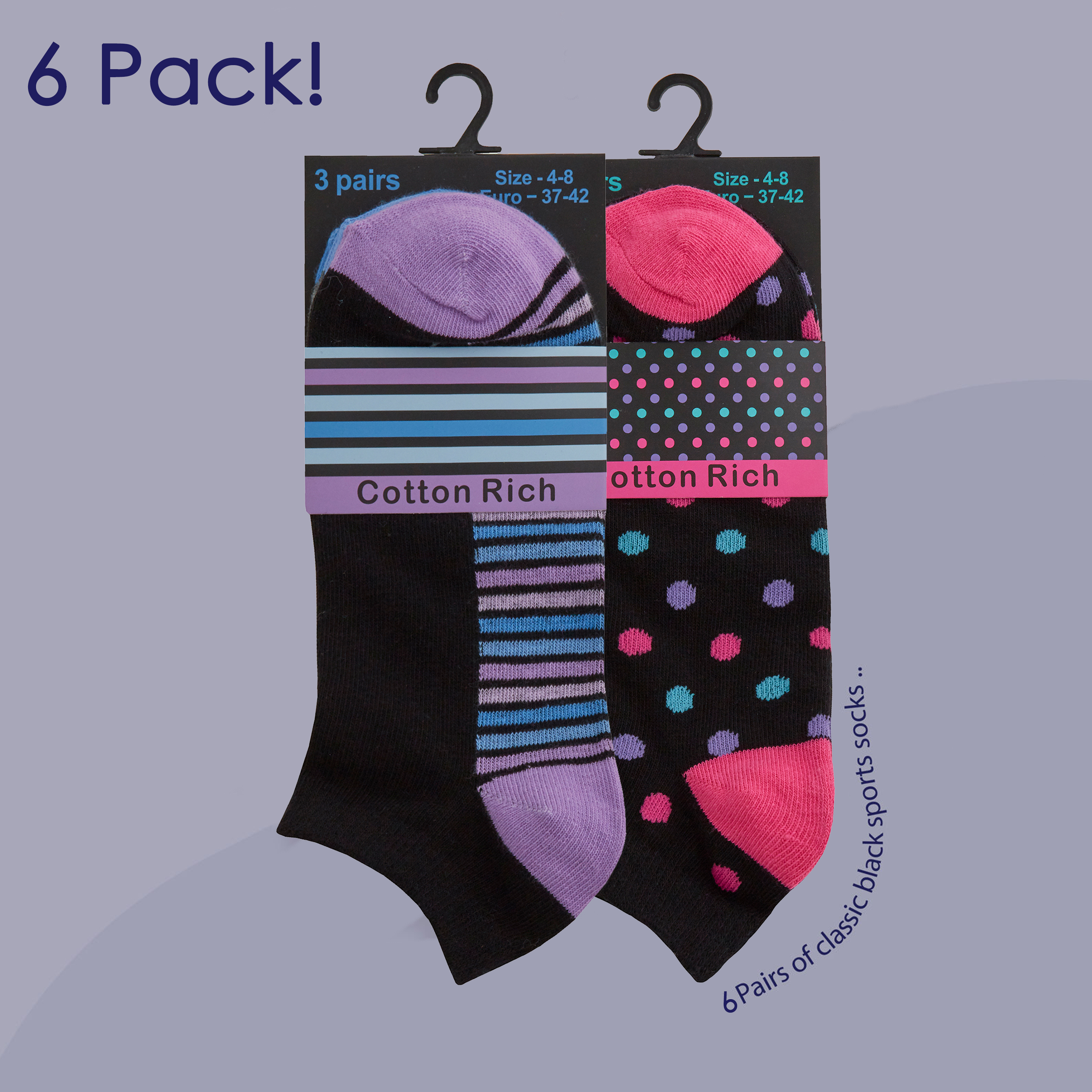 6 Pairs Ladies Sports Ankle Socks Cotton Rich Trainer Liner Stripe Spot ...