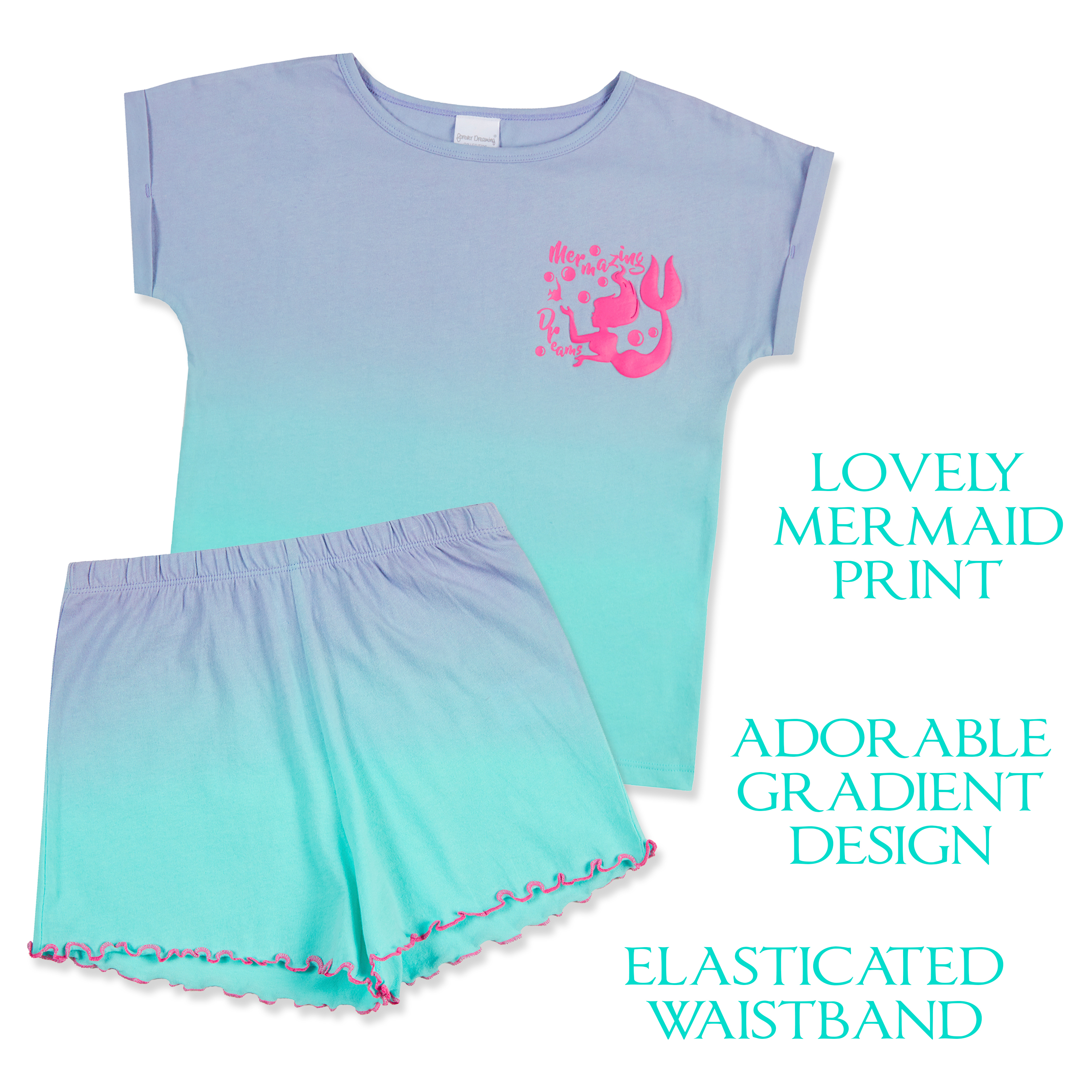 Kids Girls Short Sleeve Pyjamas 100% Cotton Gradient Mermaid 7-8 11-12 13 Years - Picture 3 of 6