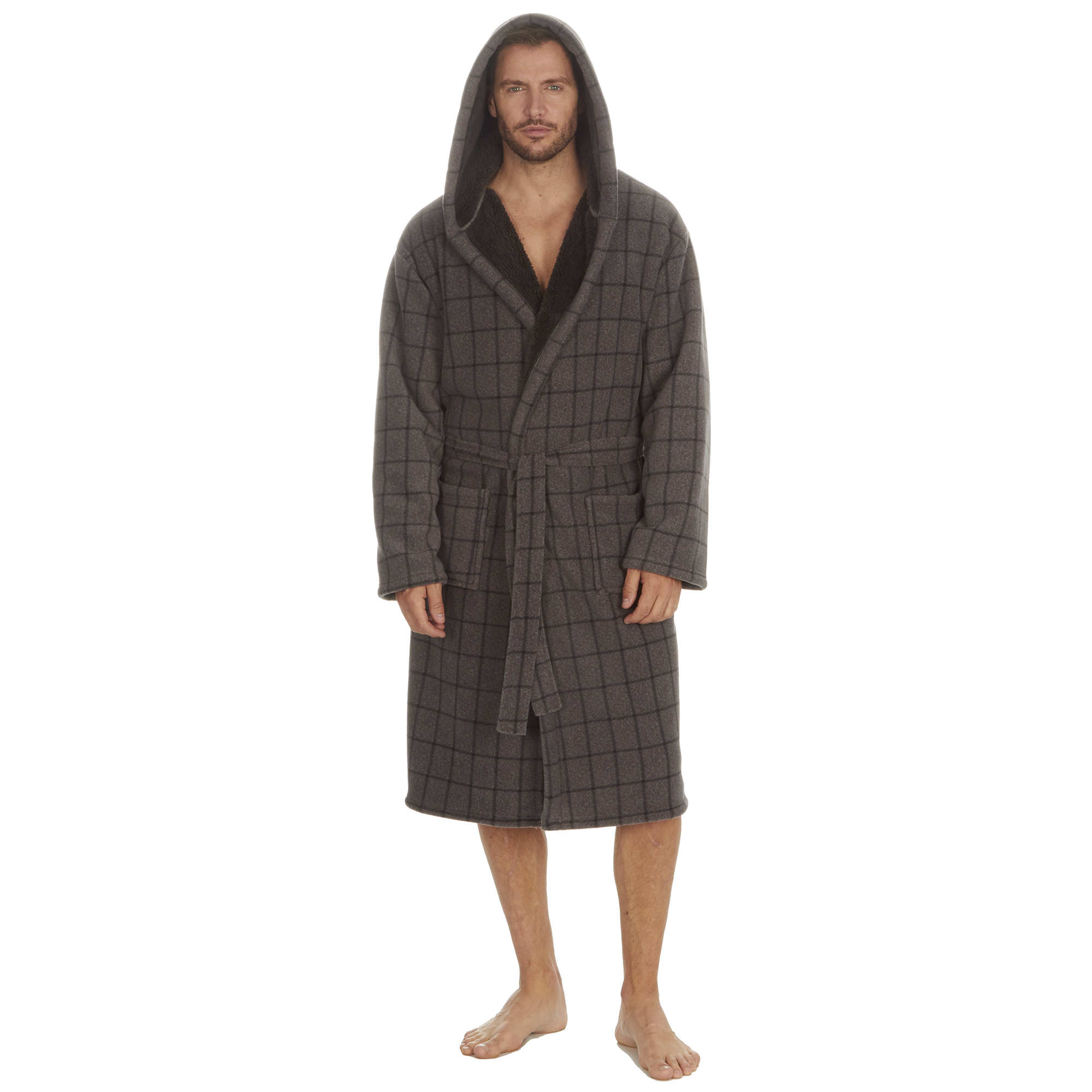 Mens Super Soft Hooded Tartan Checked Bath Robe Dressing Gown with Pockets M-5XL - Picture 148 of 172