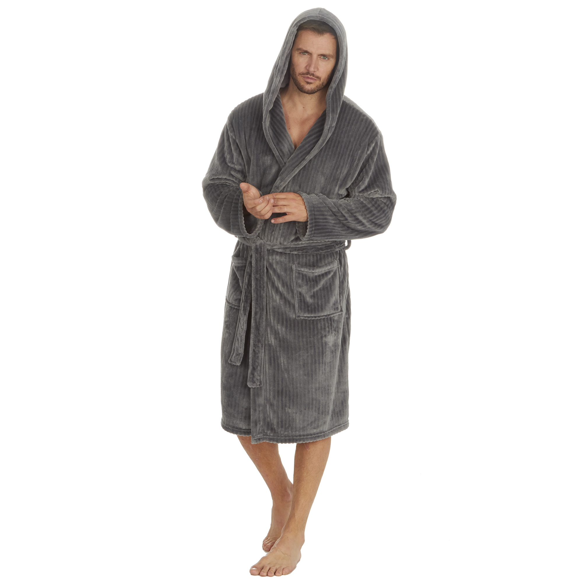Mens Super Soft Hooded Tartan Checked Bath Robe Dressing Gown with Pockets M-5XL - Picture 92 of 172