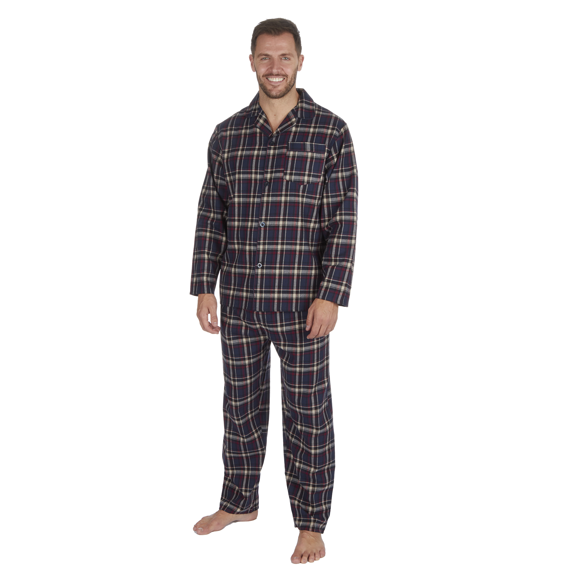 Mens PJ Cotton Yarn Flannel Checked Pyjama Set Chest Pocket Long Sleeve ...