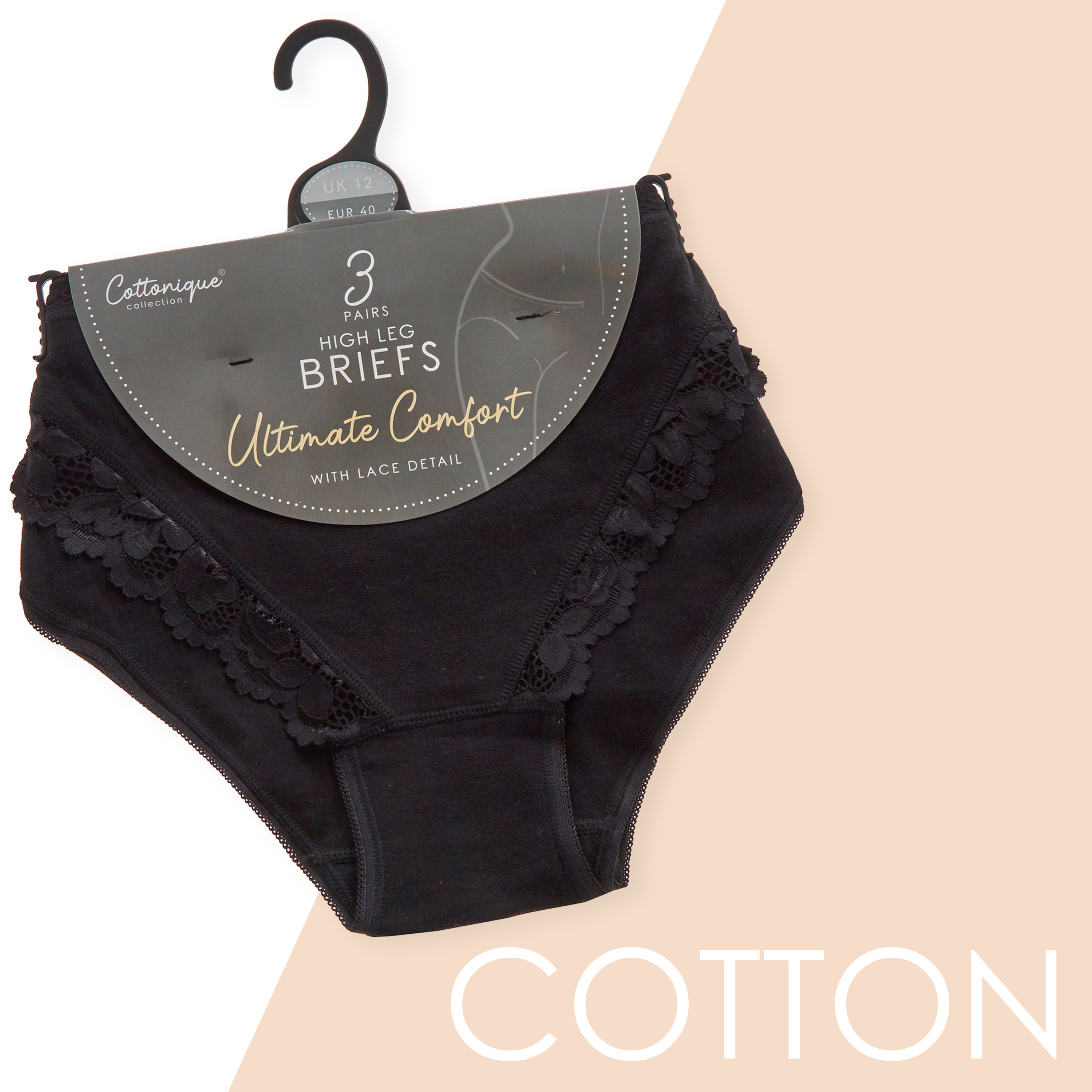 Ladies High Leg Briefs Knickers Cotton Rich Lace Comfort 3 Pack 12