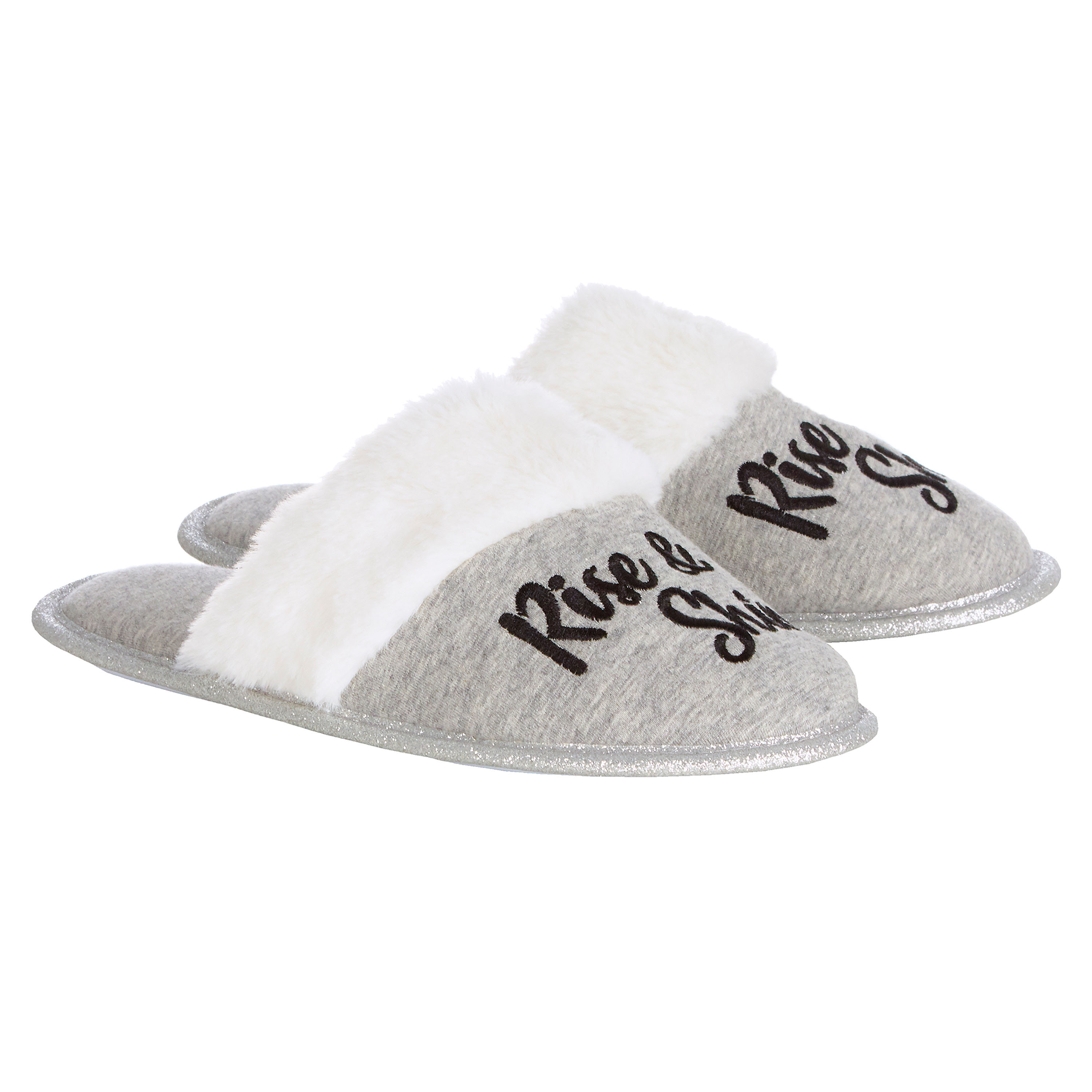 Ladies Shimmering House Mule Slippers Embroidered Fluffy Warm Slip On ...