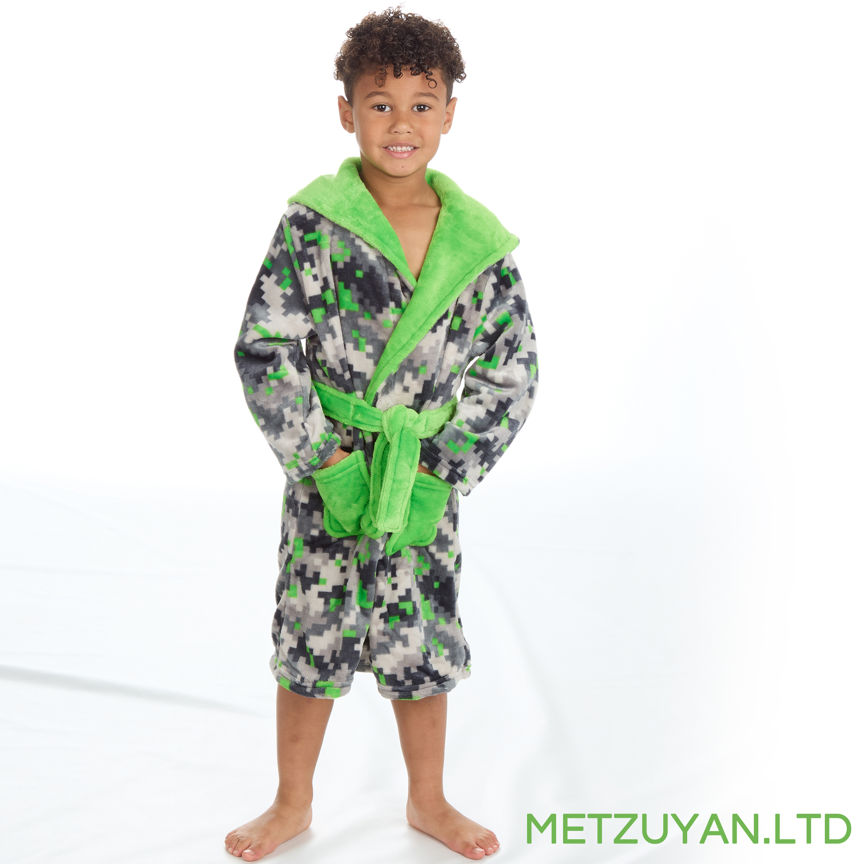 Kids Boys Pixel Minecraft Bathrobe Plush Fleece Hooded Dressing Gown 2-13  Years