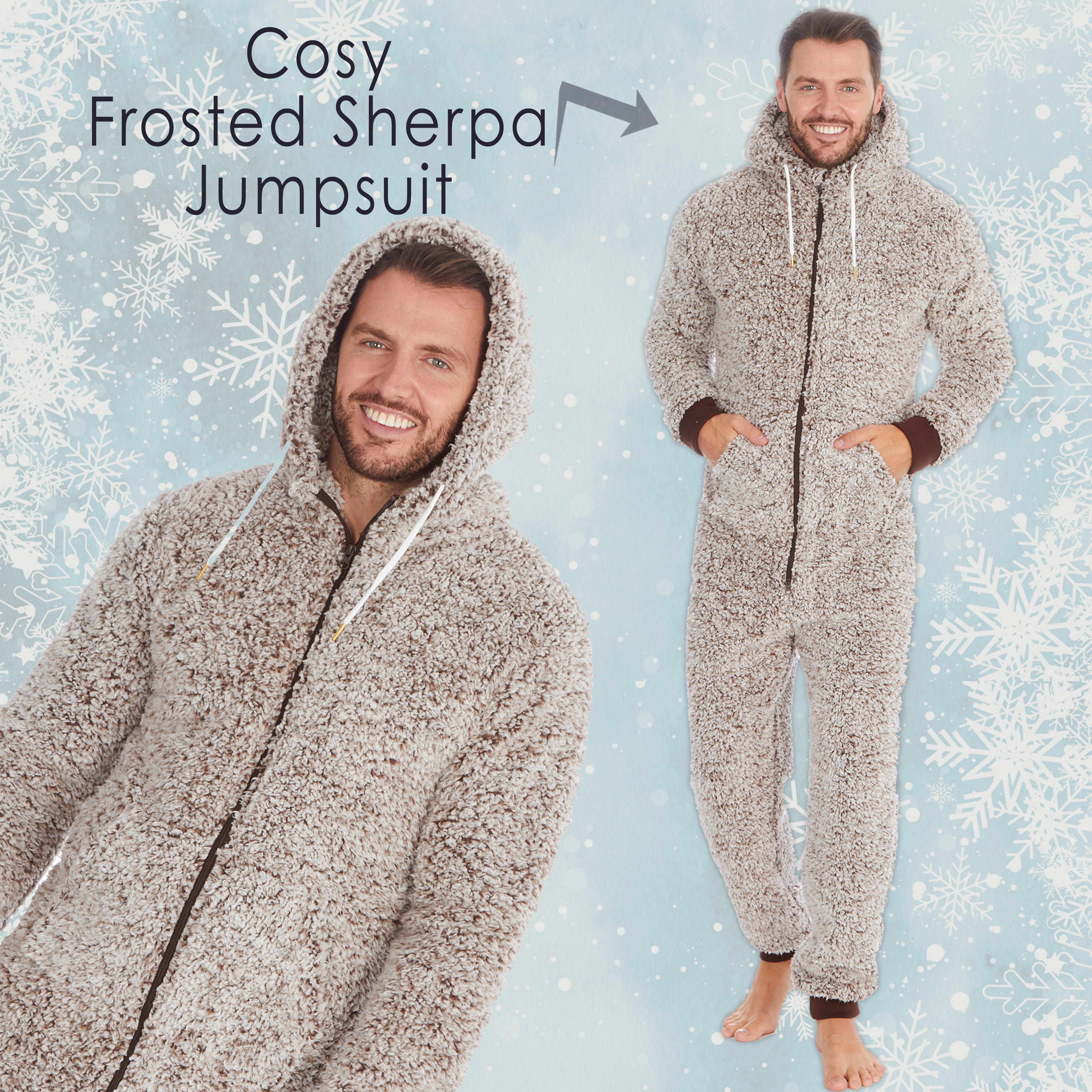 Mens Frosted Sherpa Snuggle Fleece Hooded Jumpsuit Zip Up One Piece ...