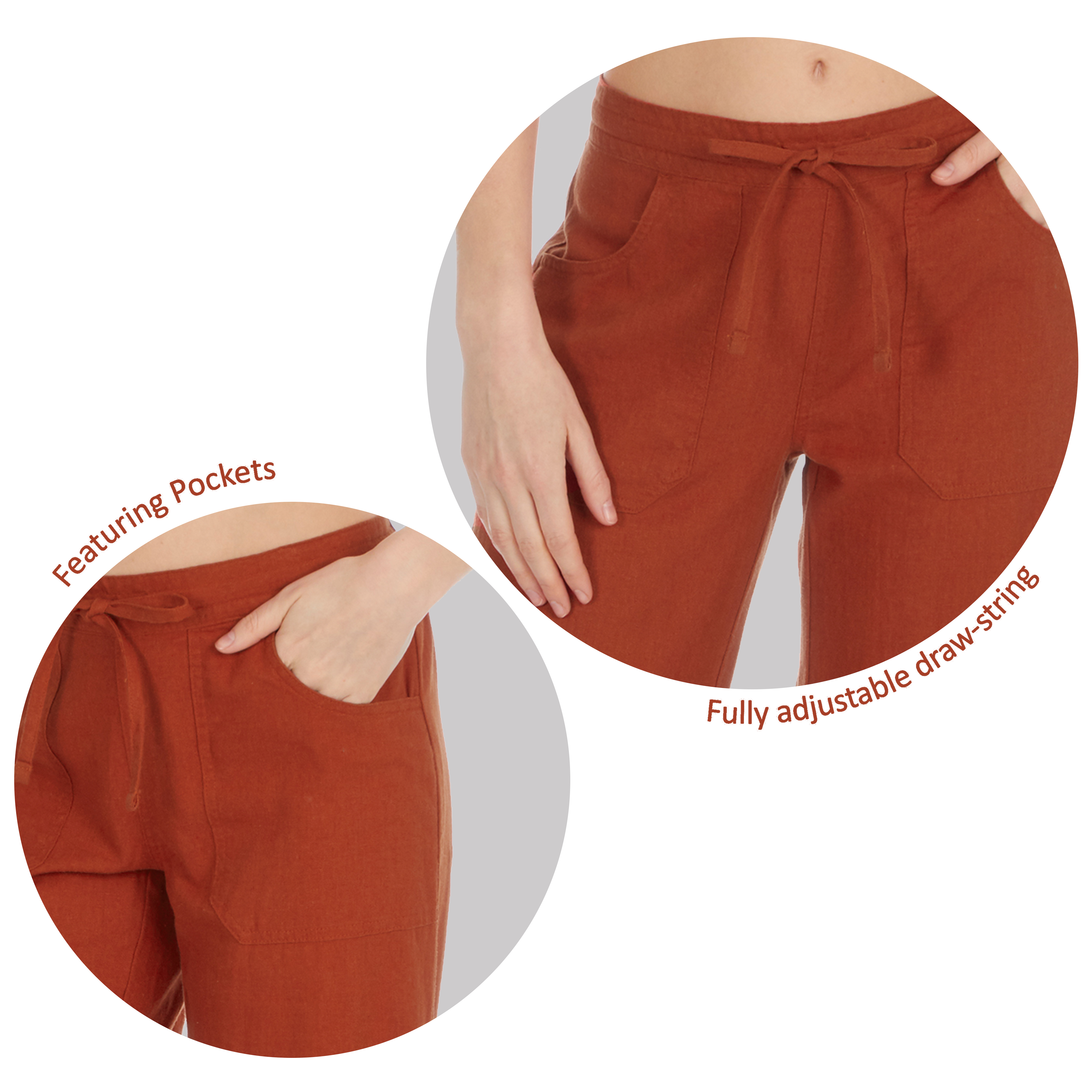 Metzuyan Womens Linen Trousers Wide Fit Summer Pants Drawstring Pockets  10-14