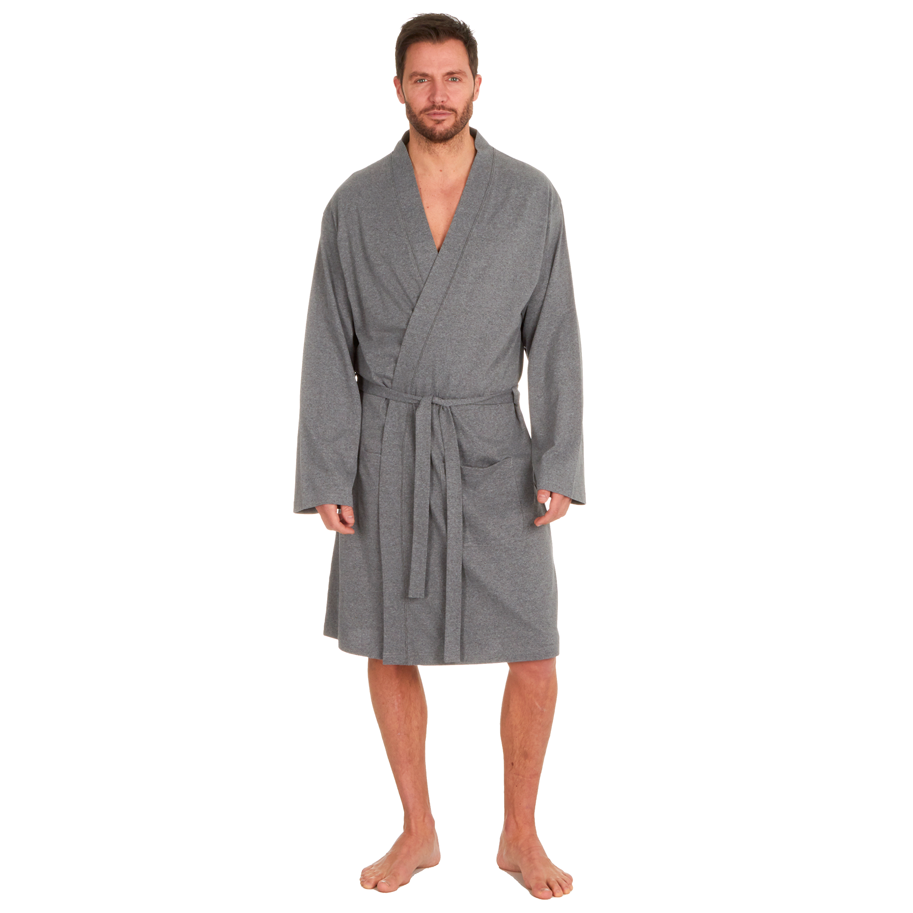 Mens Jersey Summer Kimono Robe Lightweight Dressing Gown Grey M L