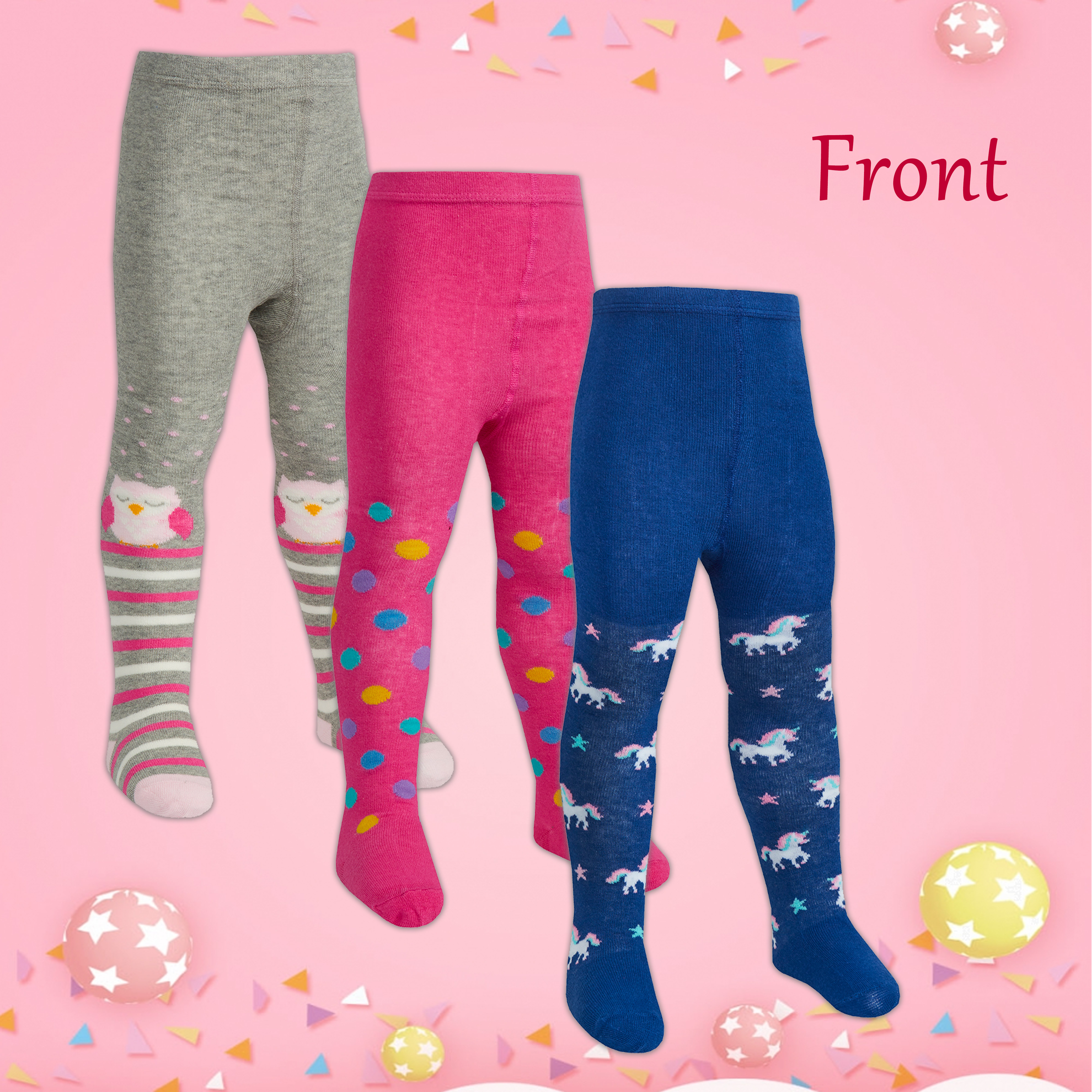 3 Pairs Baby Girls Designer Tights Soft Cotton Rich Unicorn Spots Owl 0-24  Mths