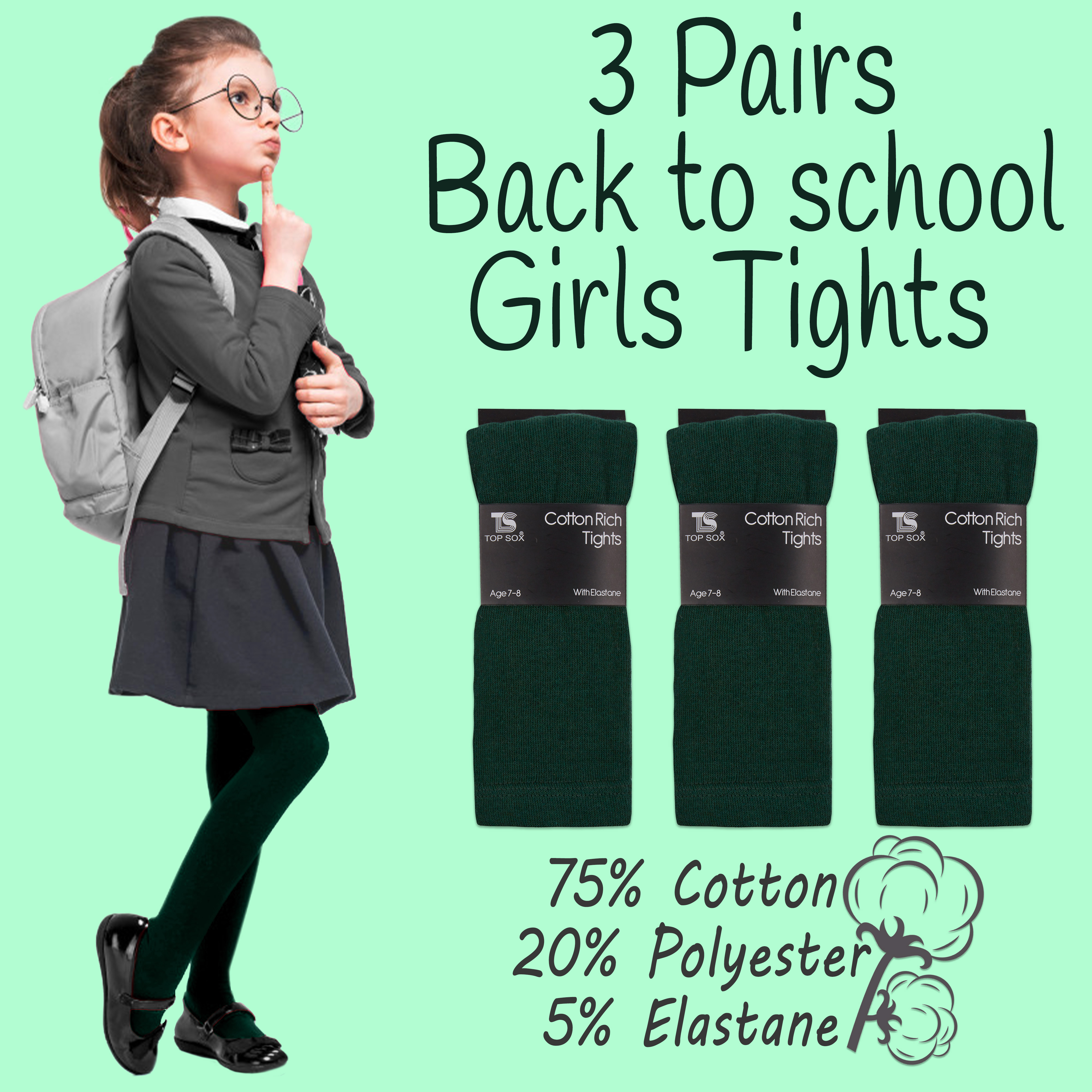 2,3,6 Pairs Tights Girls Back to Schools Pairs Warm Cotton Rich Plain Soft Children 2-13 Year MULTIPACK Casual Dressup Formal Pack 