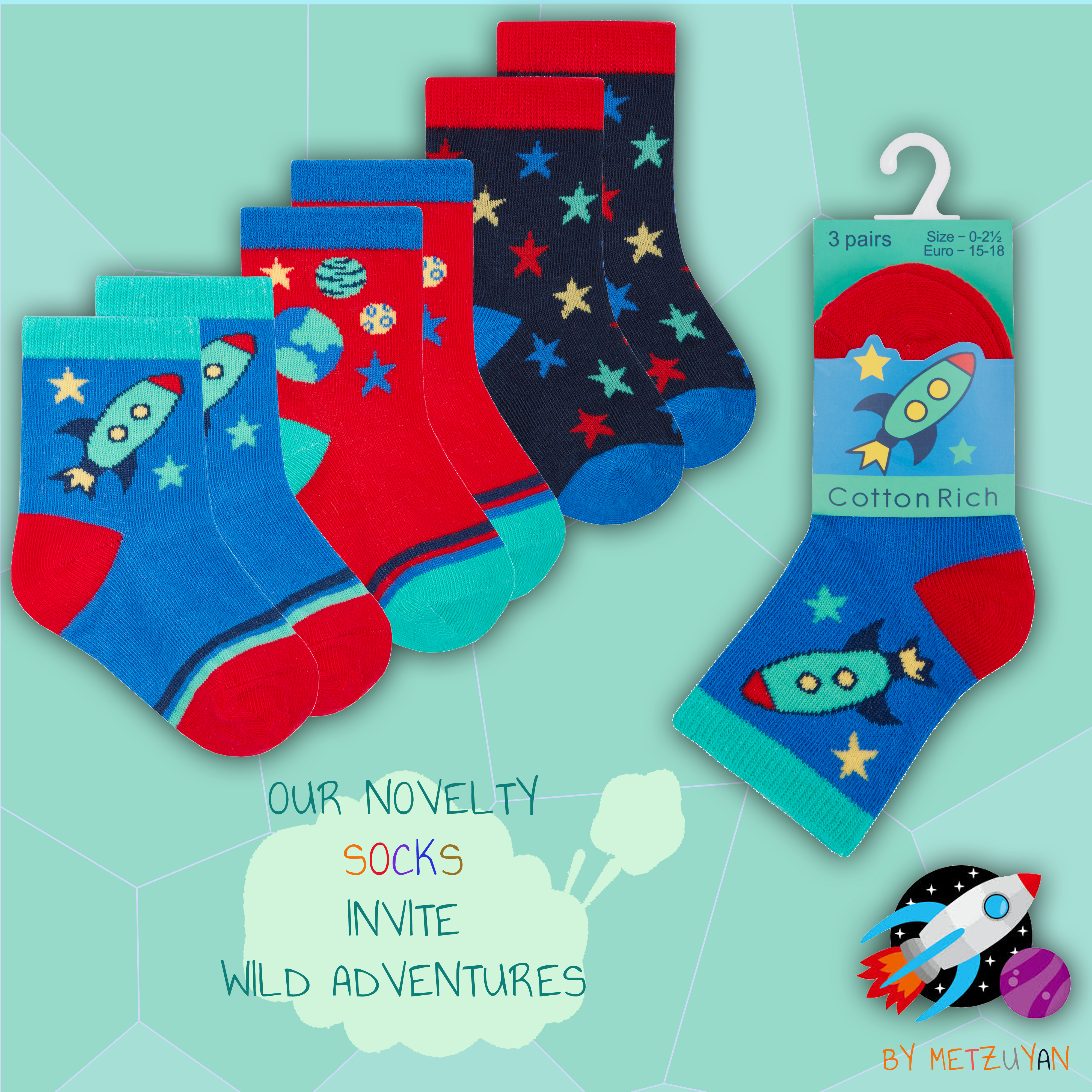Metzuyan Baby Boys Novelty Print Ankle Cotton Rich 9 Pairs Multibuy Socks