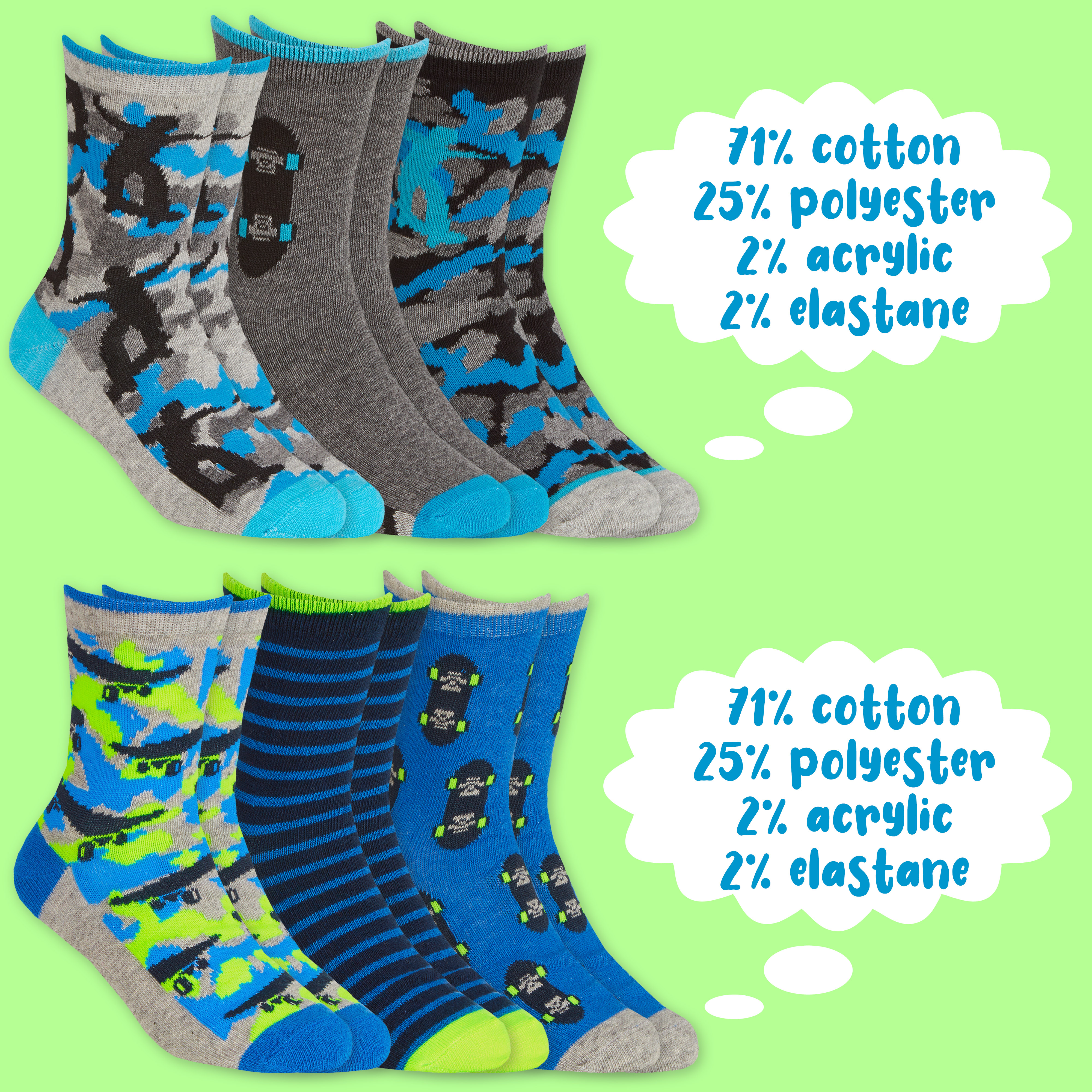 Kids Boys 6 Pairs Crew Socks Cotton Rich Novelty Cartoon Print Mid Calf Sock Set - Picture 41 of 43