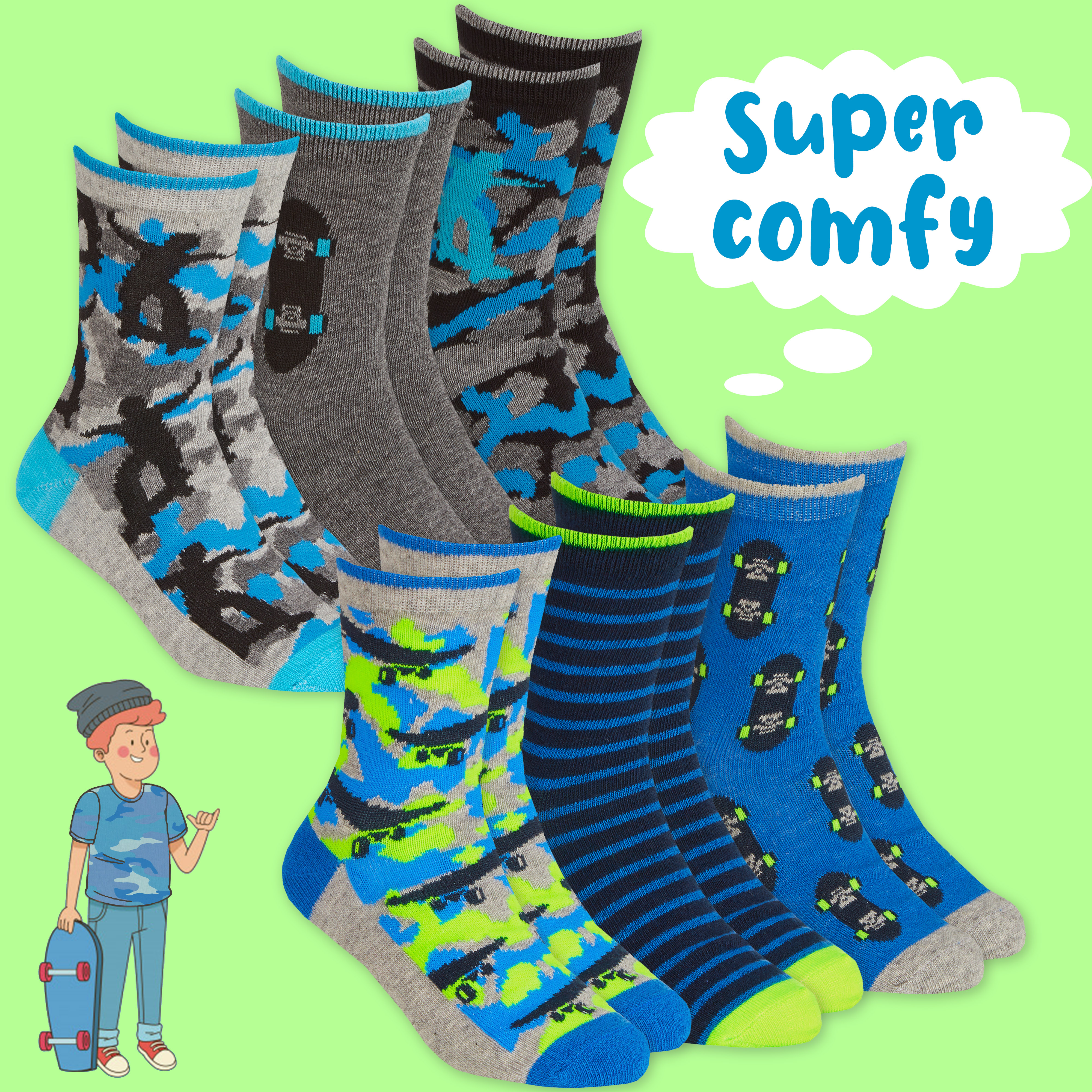 Kids Boys 6 Pairs Crew Socks Cotton Rich Novelty Cartoon Print Mid Calf Sock Set - Picture 42 of 43