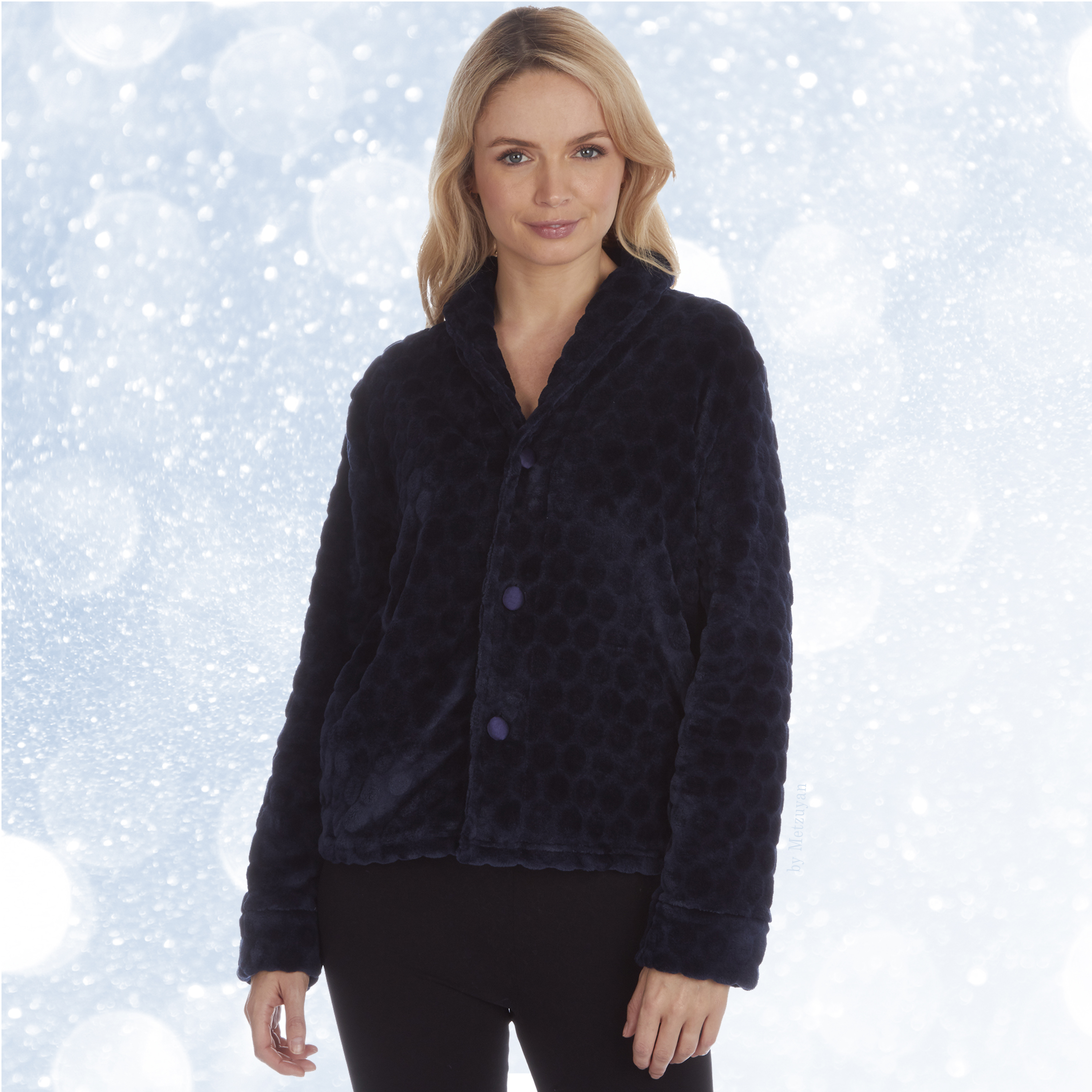 Womens Luxury Bed Jacket Embossed Spot Shawl Collar Traditional Button