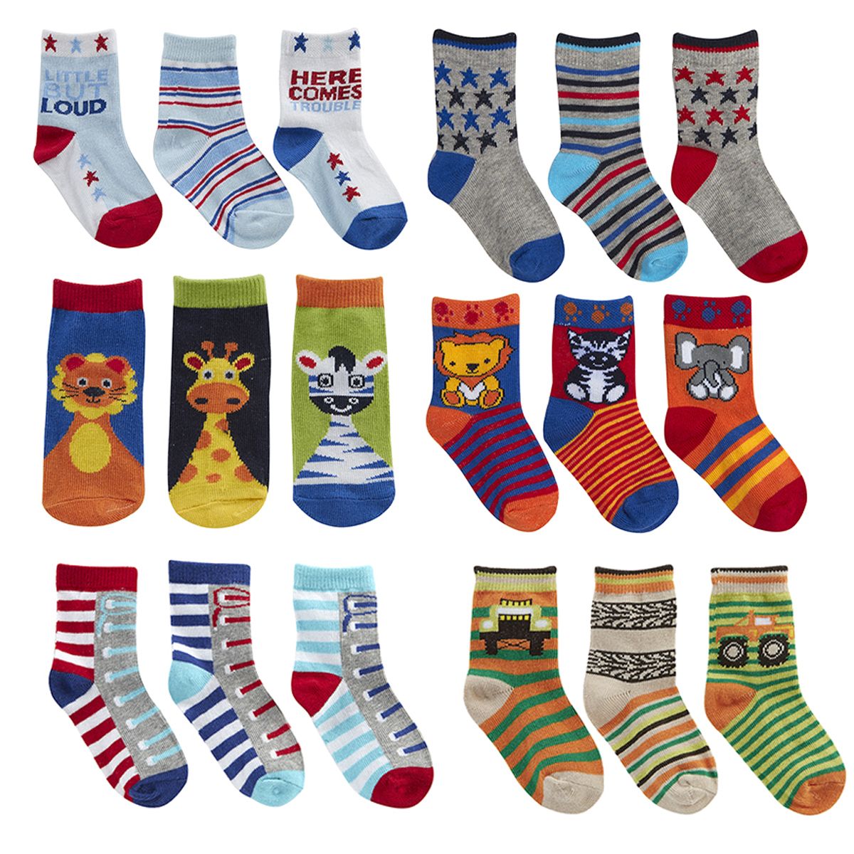6 Pairs Baby Boys Design Socks Cotton Rich Cute Monkey Bear Printed Stripes